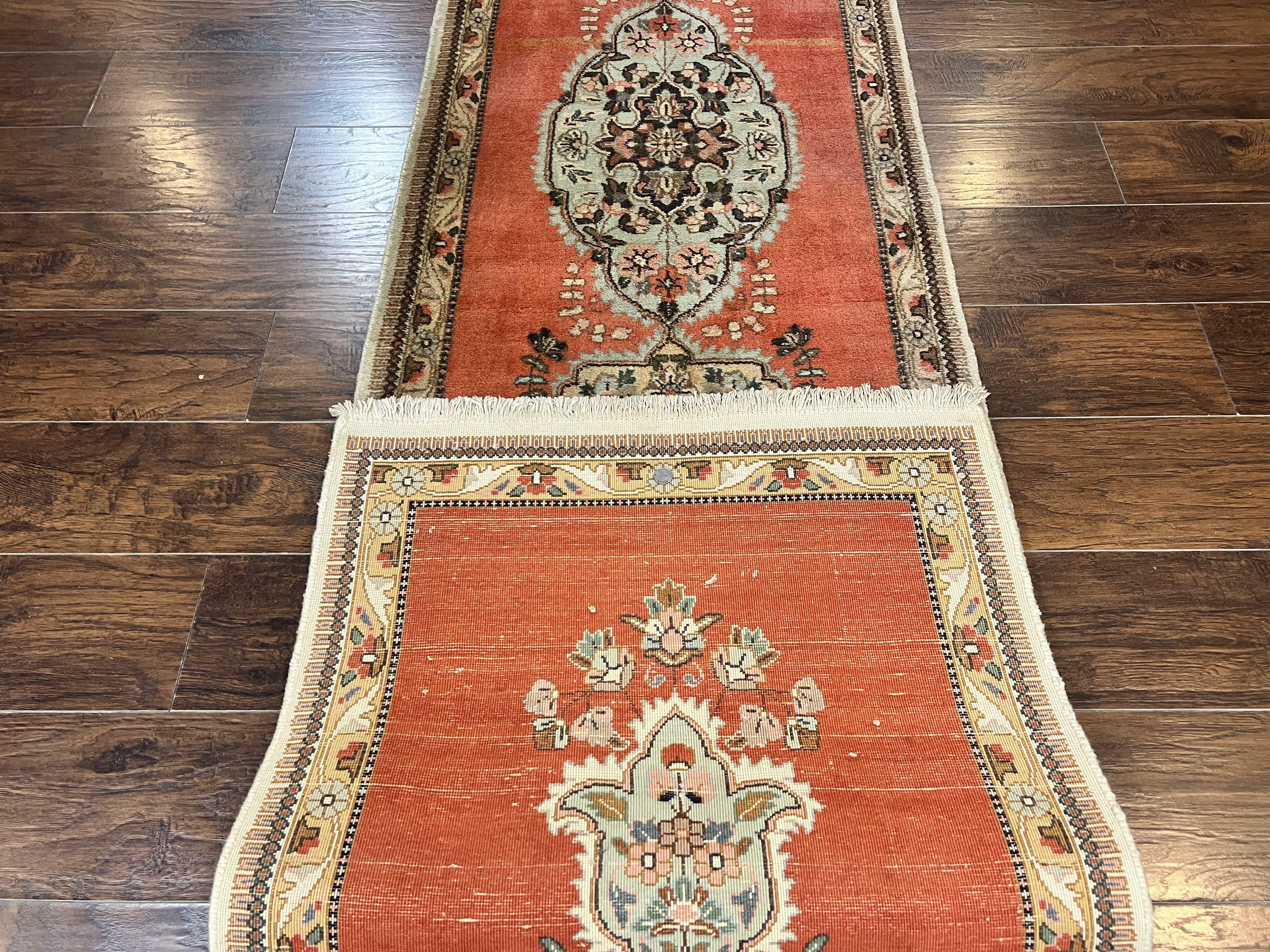 Persian Tabriz Runner Rug 3 x 12, Vintage Hand Knotted Wool Oriental Hallway Carpet, Light Red Beige Tan, Fine Weave, Semi Open Field, Traditional - Jewel Rugs