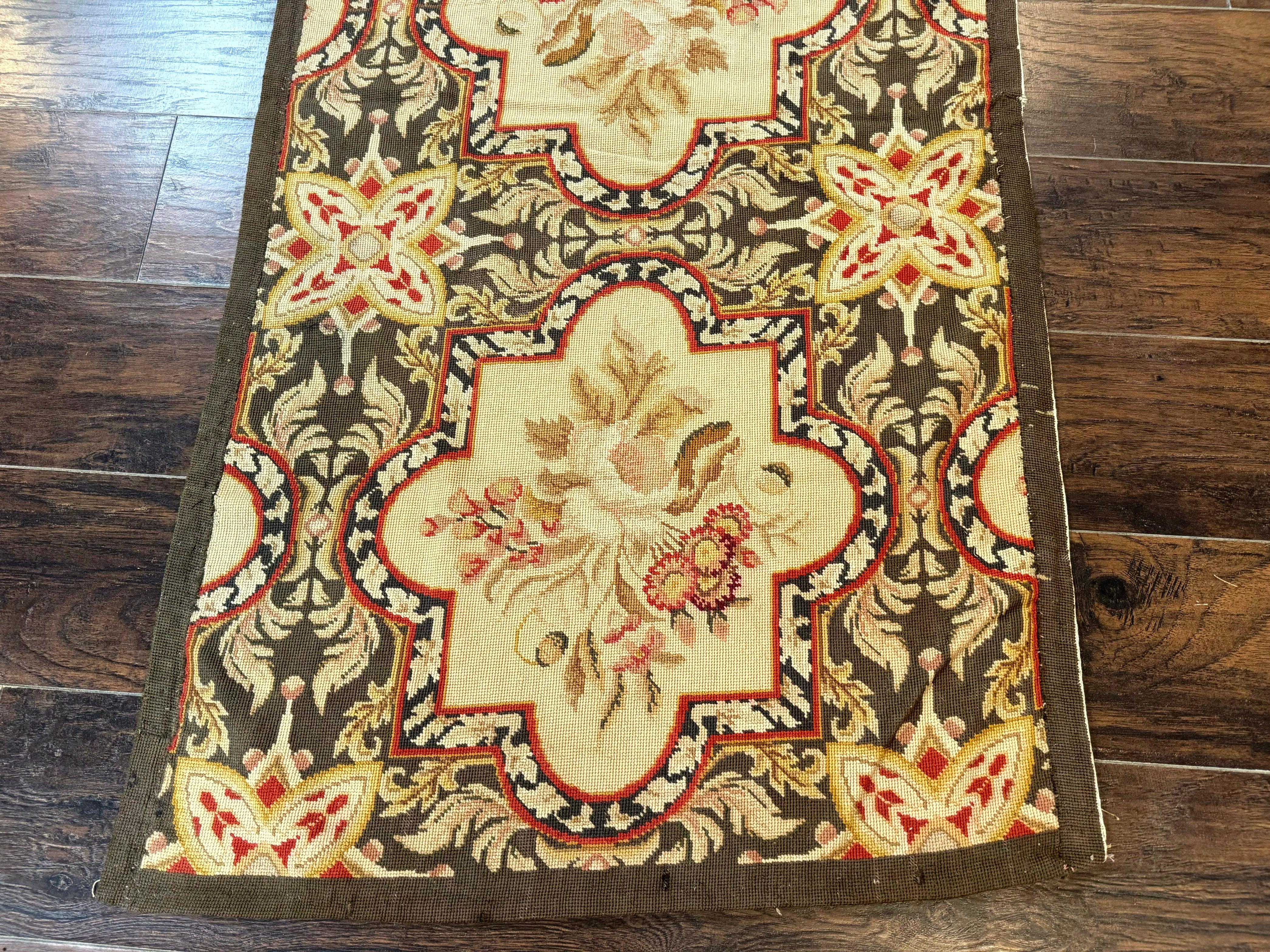 Needlepoint Runner Rug 2.7 x 9.7, European French Design, Wool, Handmade, Vintage - Jewel Rugs