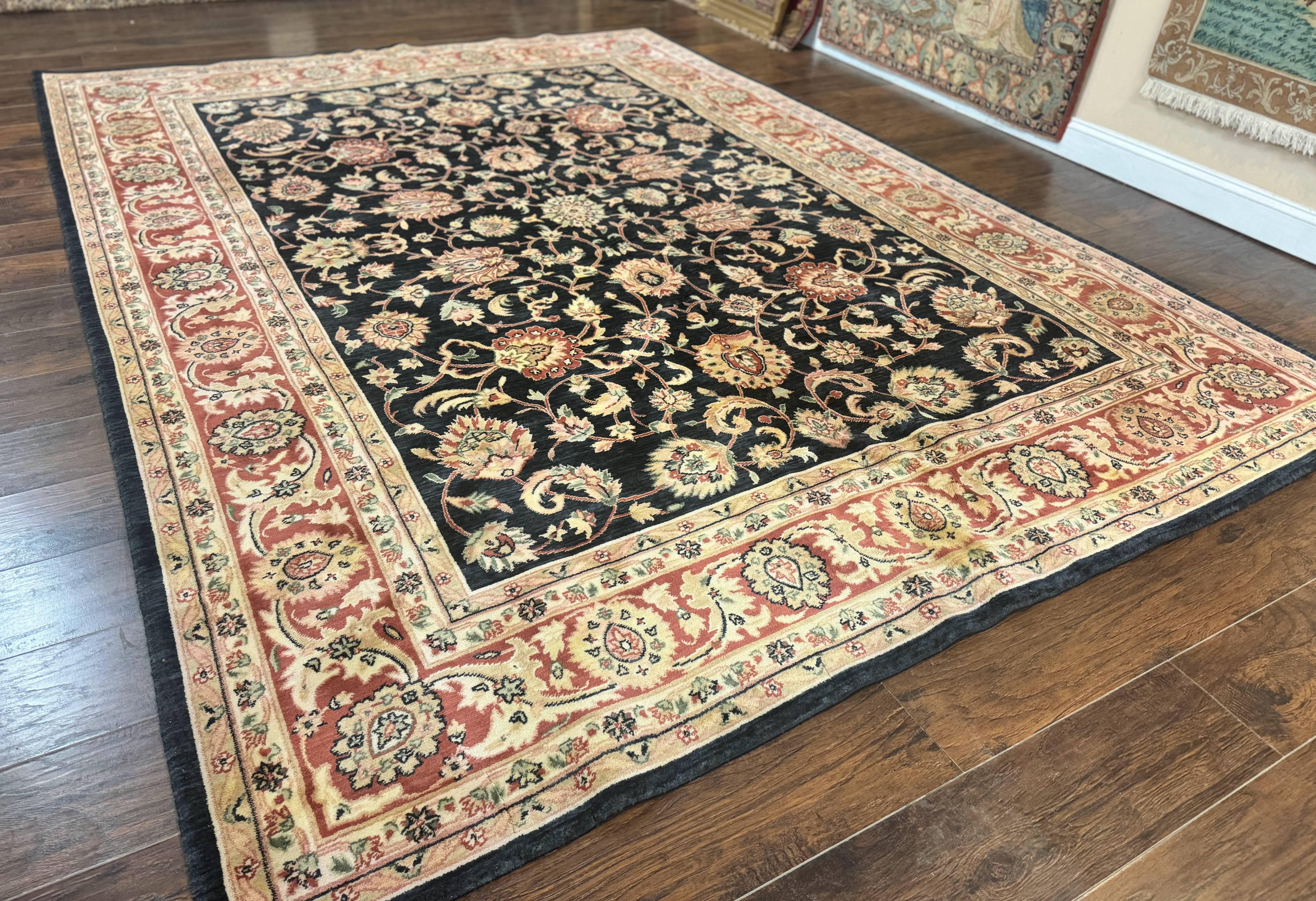 Vintage Oriental Rug 8x11, Floral Persian Design Carpet, Turkish Power Loomed Rug, Navy Blue Red Cream - Jewel Rugs