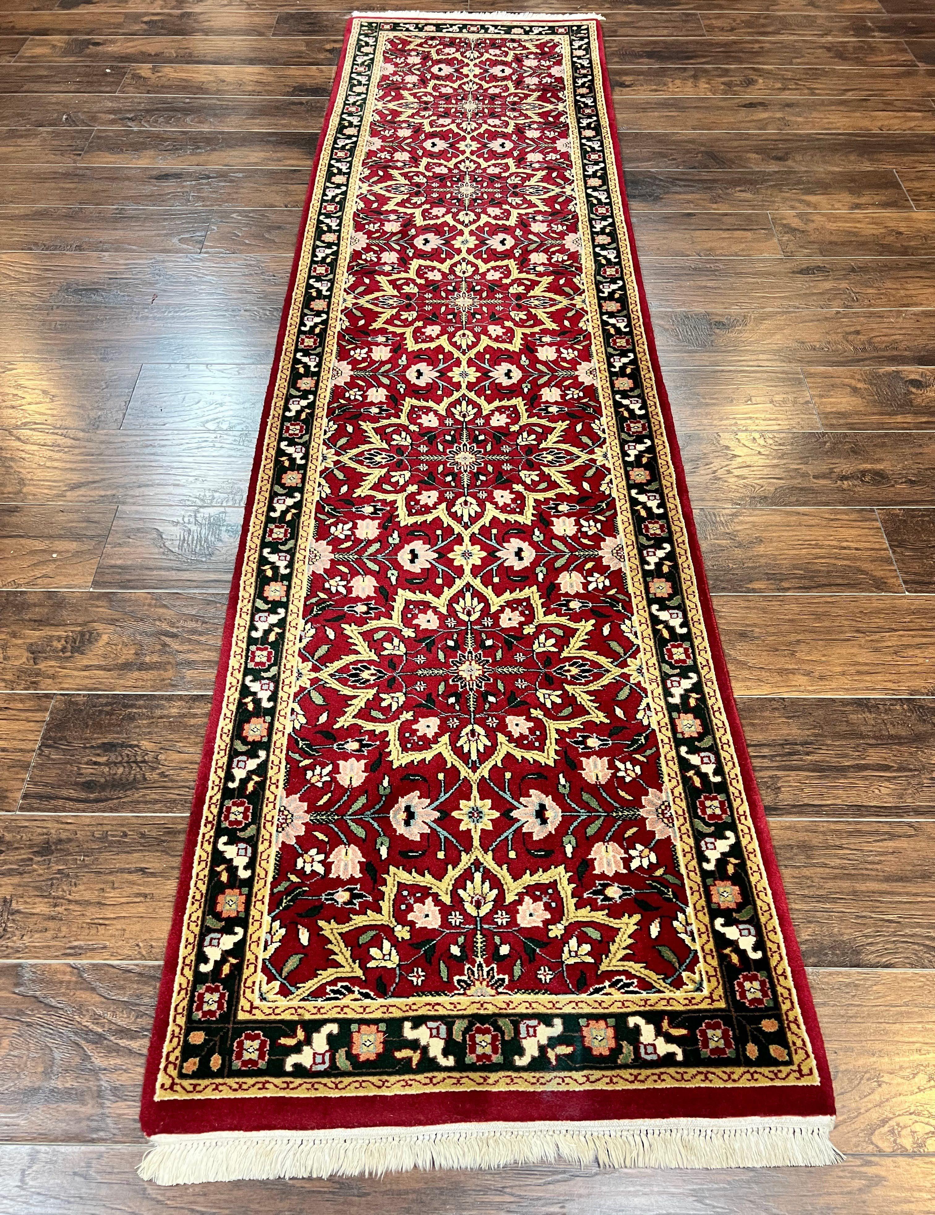 Indo Sarouk Runner Rug 2.6 x 10 ft, Floral Hand Knotted Wool Handmade Vintage Indian Hallway Rug, Red Tan Black, 10ft Persian Runner - Jewel Rugs