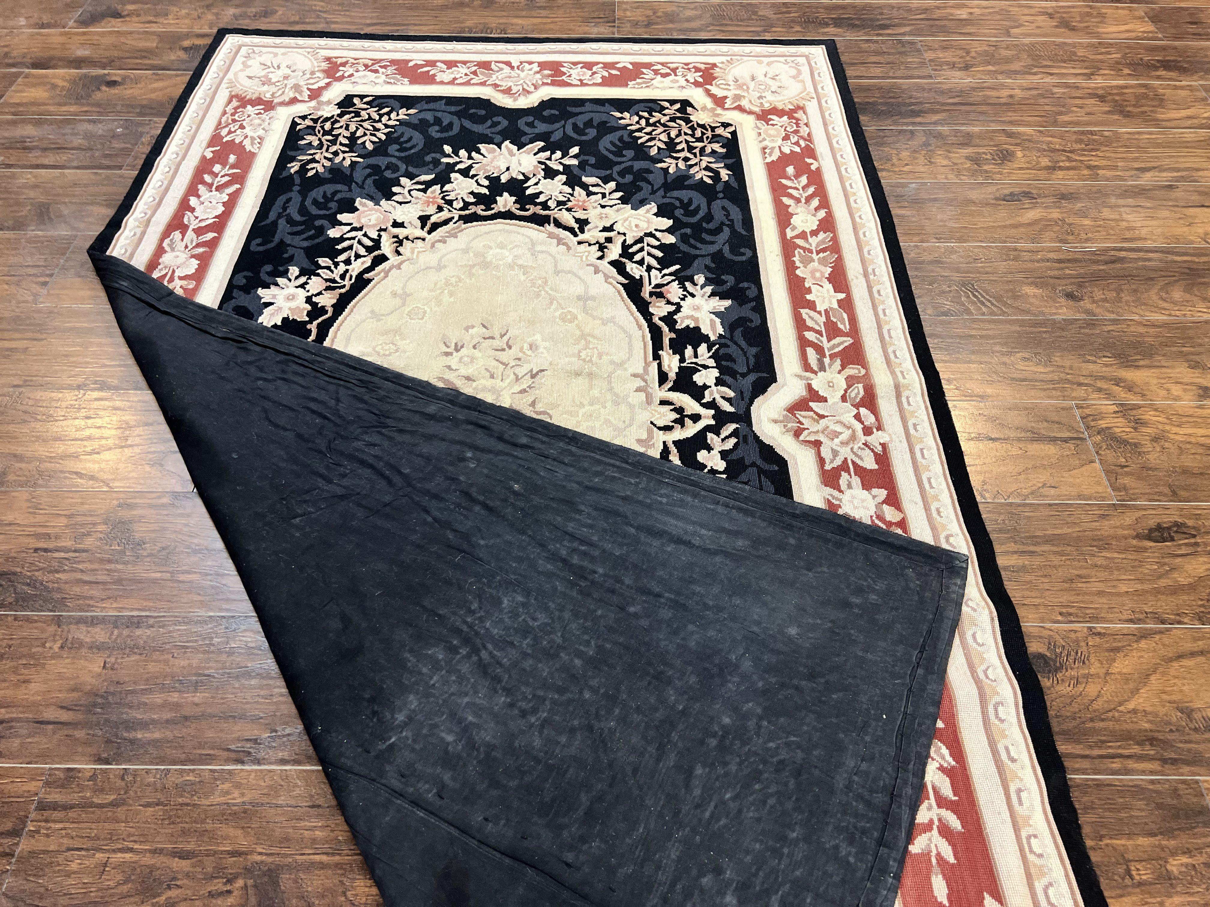 Needlepoint Rug 5x8, Wool Handmade Vintage European Design Carpet, Black & Maroon, French Aubusson Pattern Flatweave Rug - Jewel Rugs