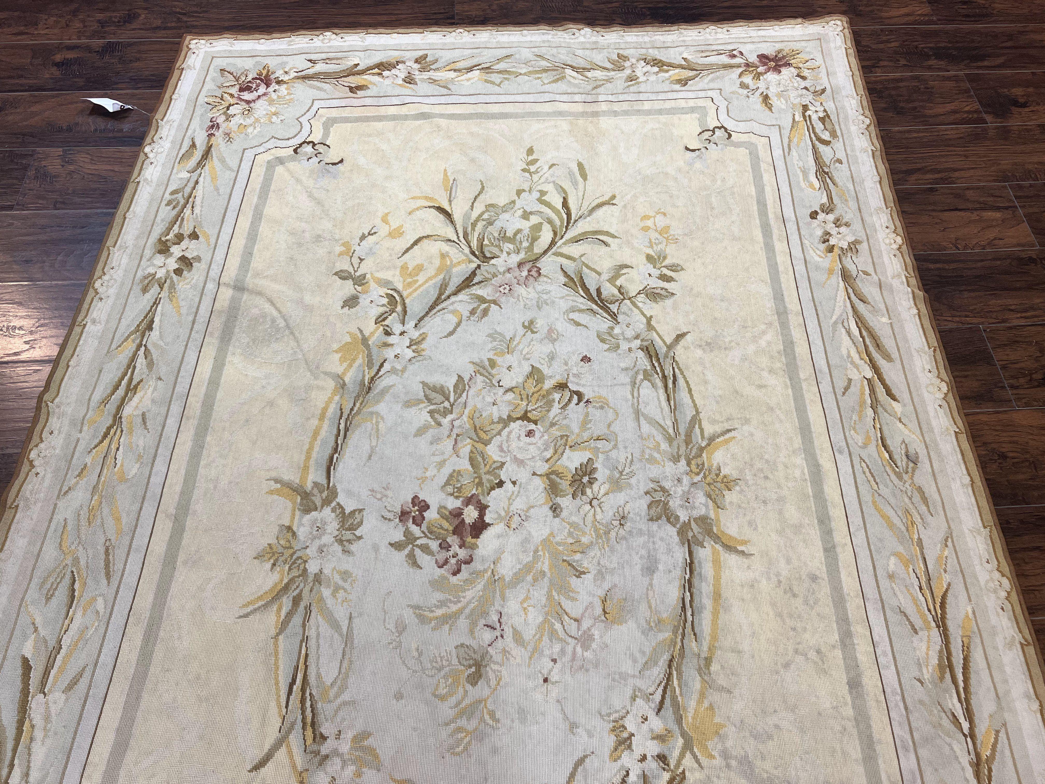 Needlepoint Rug 6x9, Elegant European Design Aubusson Carpet, Vintage Wool Handmade Rug, Light Yellow Ivory - Jewel Rugs