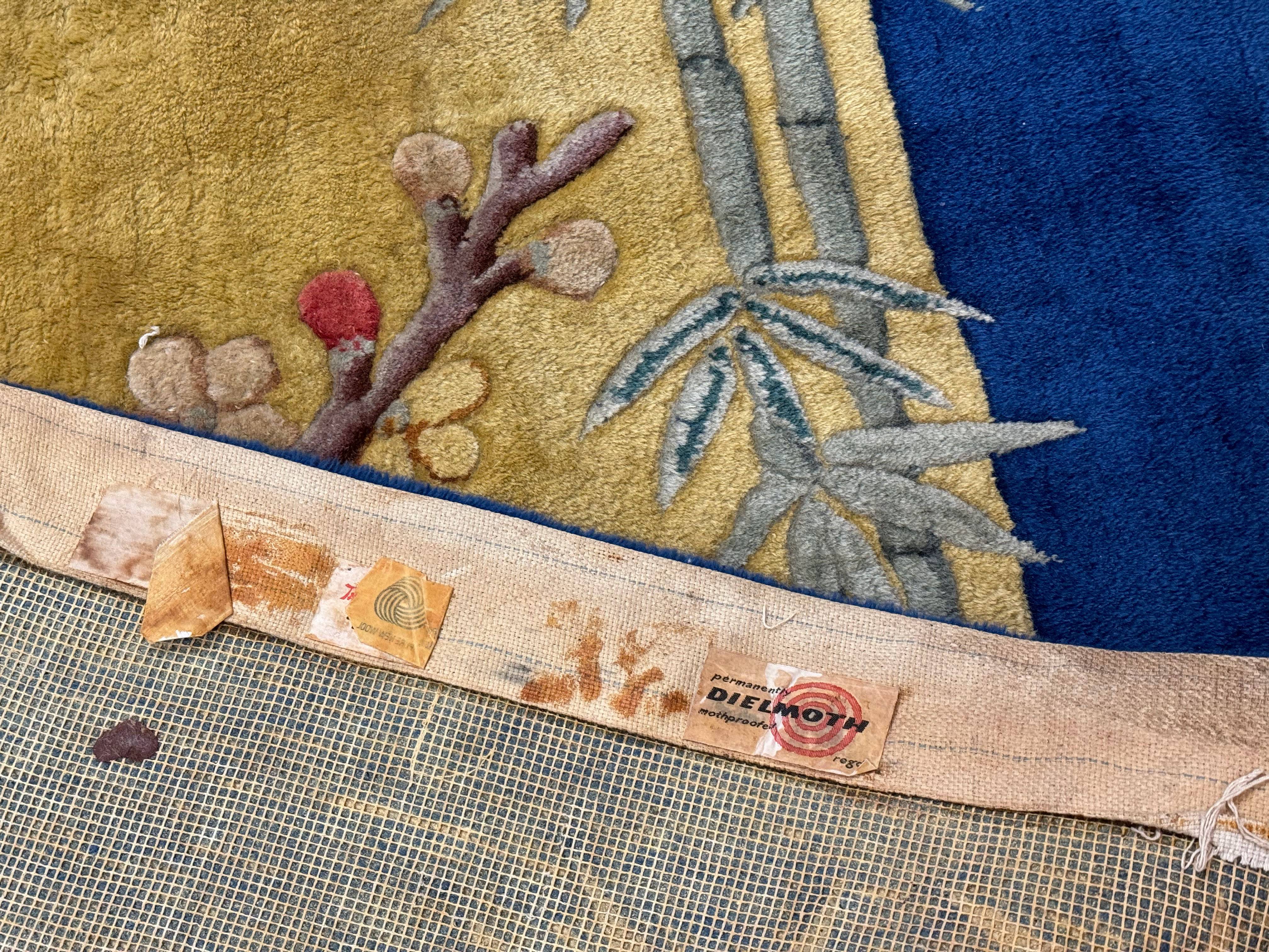 Chinese Peking Rug 9.6 x 13, Light Mustard & Blue, Wool Chinese Carpet, Hand Tufted, Vintage - Jewel Rugs