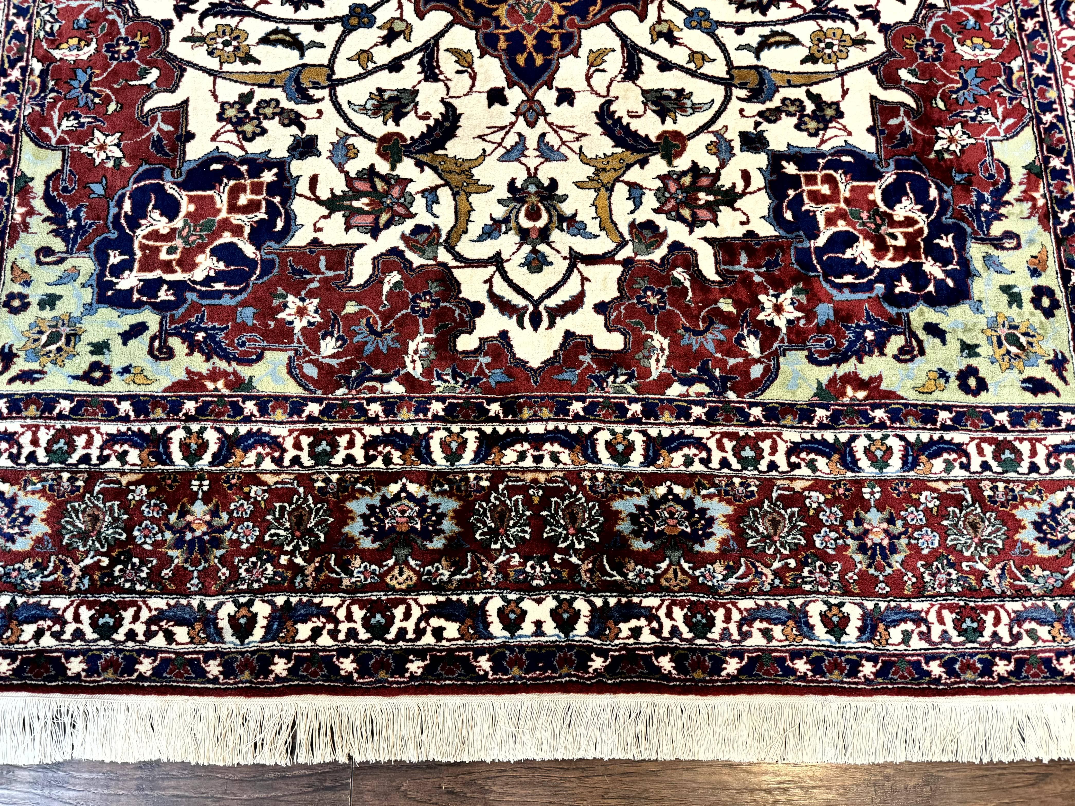 Wonderful Persian Isfahan Rug 7x9, Ivory Navy Blue Red, Floral Medallion, Very Finely Hand Knotted 260 KPSI, Handmade Wool Vintage Rug - Jewel Rugs