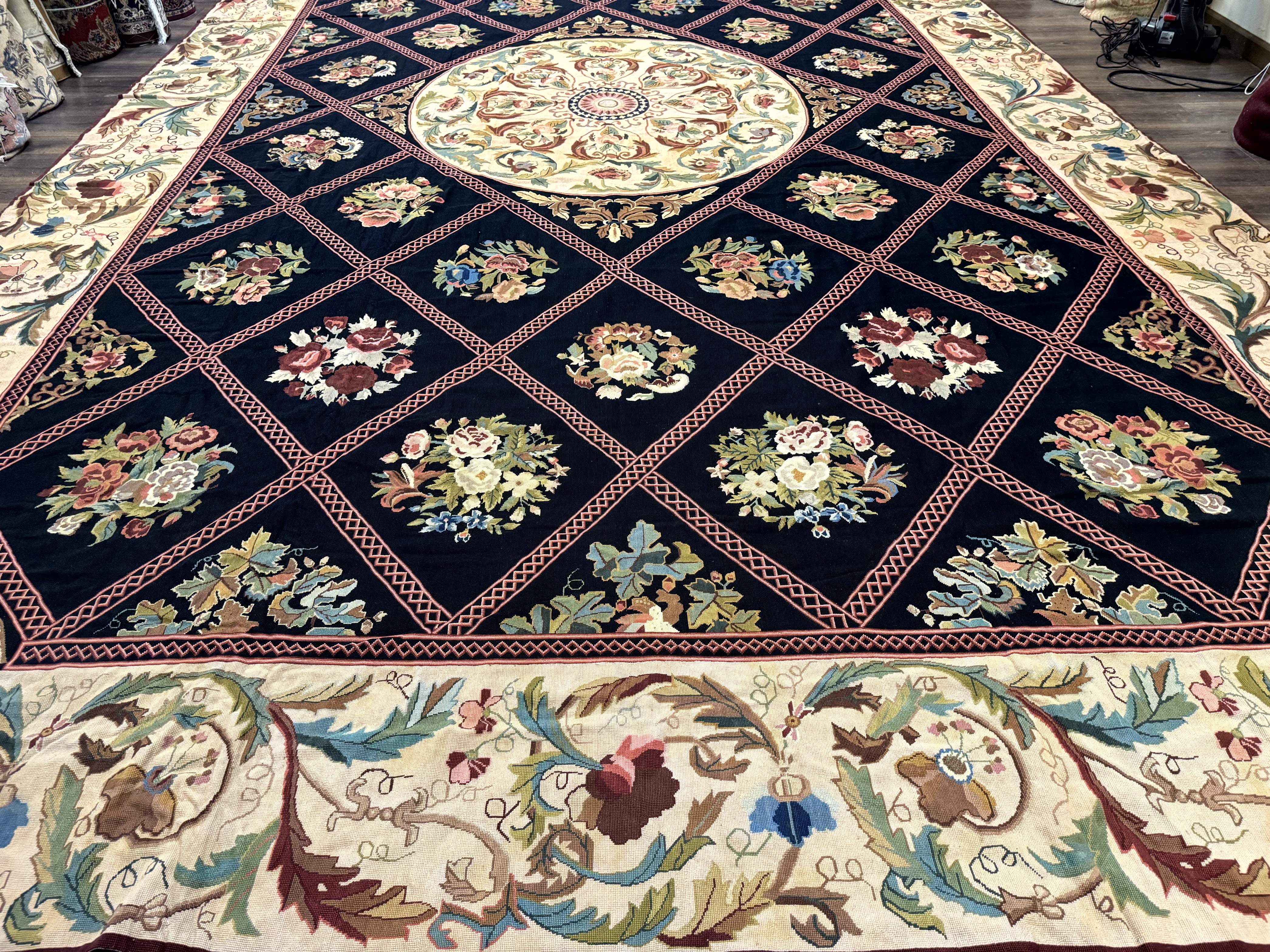 Palace Size Needlepoint Rug 12x20, European French English Aubusson Floral Design, Black and Beige - Jewel Rugs