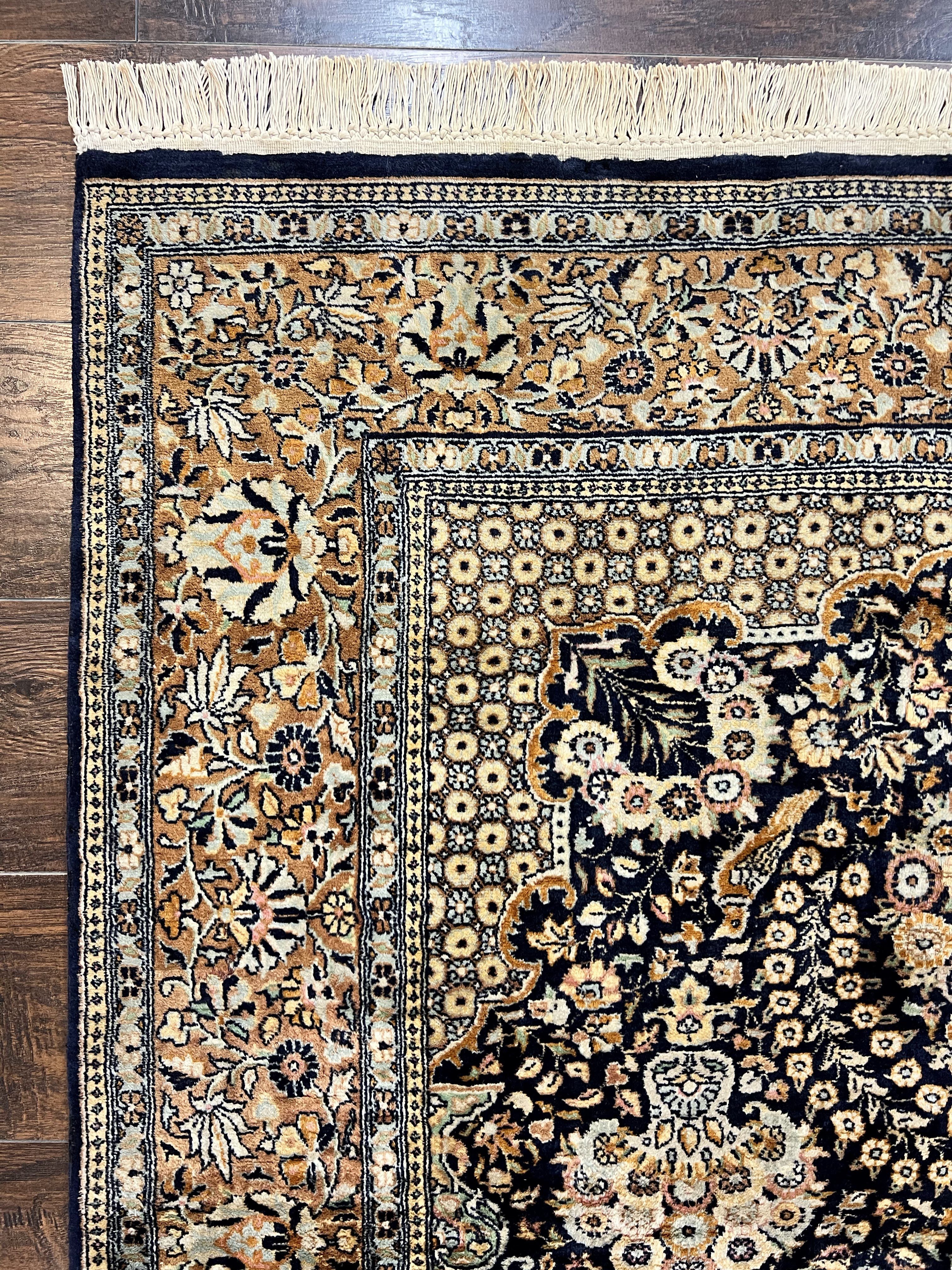 Pak Persian Rug 5x7, Wool Hand Knotted Vintage Fine Oriental Carpet, Birds, Floral Medallion, Traditional Oriental Rug, Dark Blue - Jewel Rugs