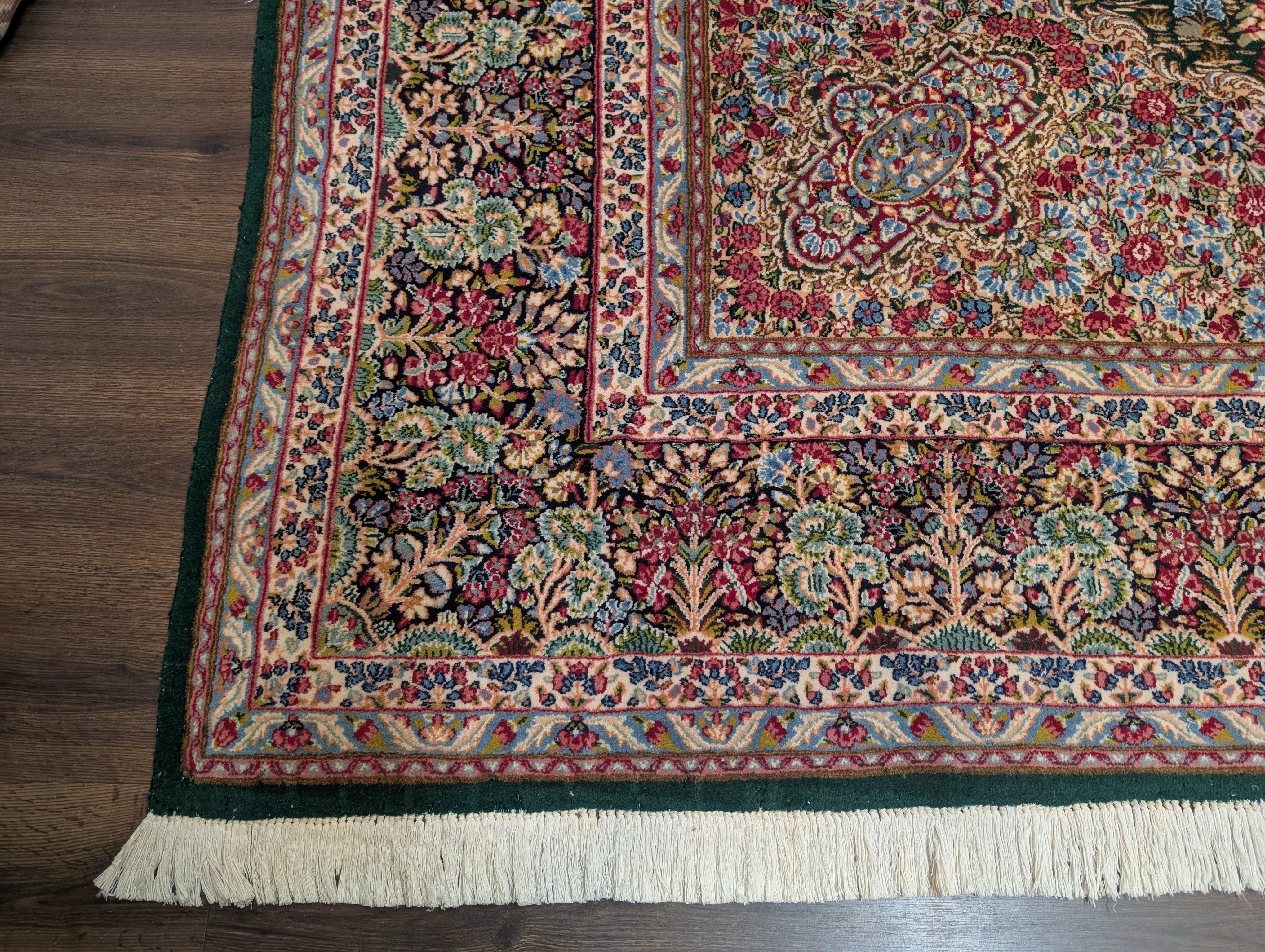 Persian Kirman Rug 10x12, Millefleur, Hand-Knotted Wool Carpet, Dark Green Multicolor - Jewel Rugs