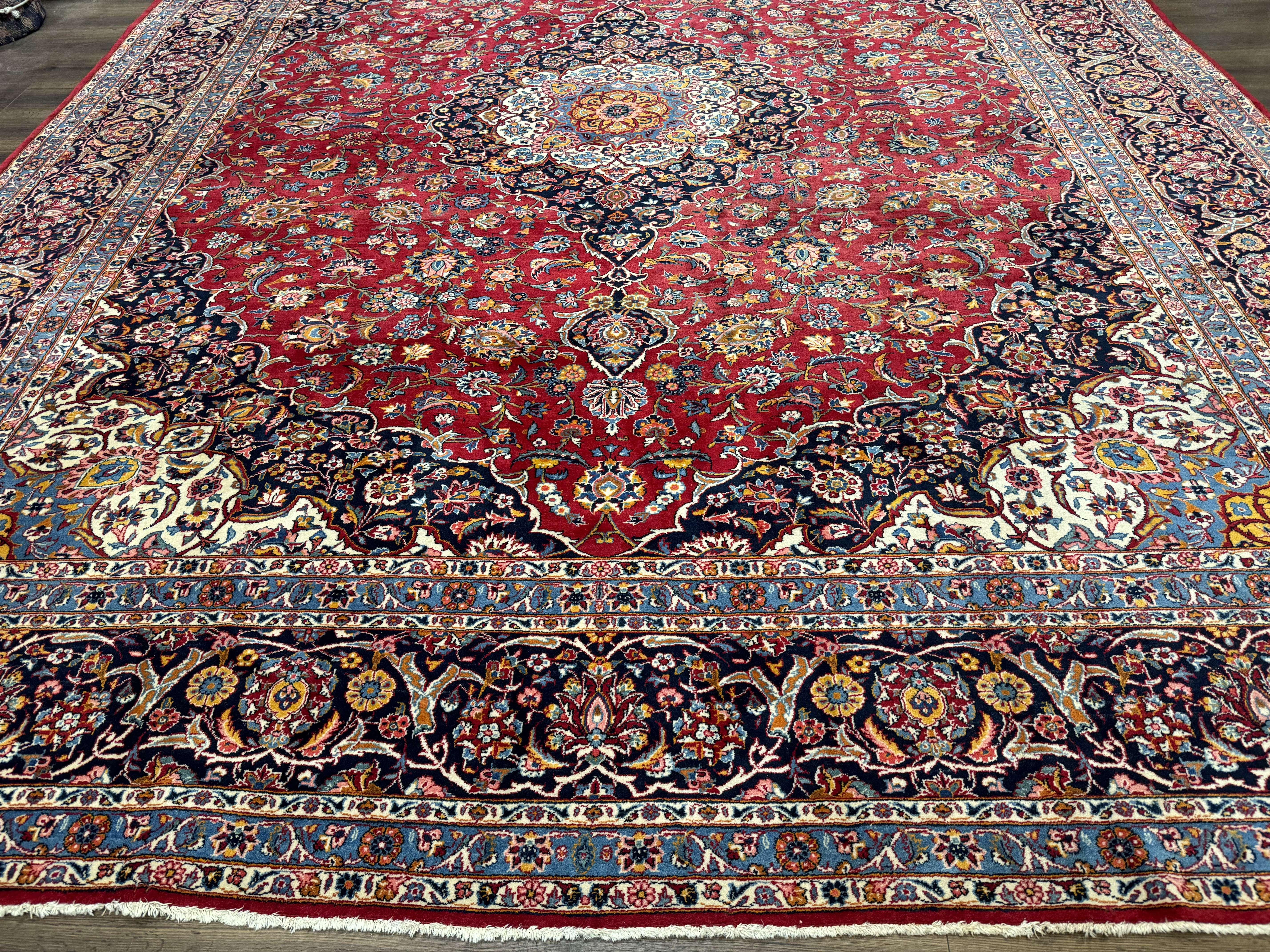 Large Persian Kashan Rug 11x14, Traditional Persian Carpet, Wool, Fine 250 KPSI, Red Navy Blue - Jewel Rugs