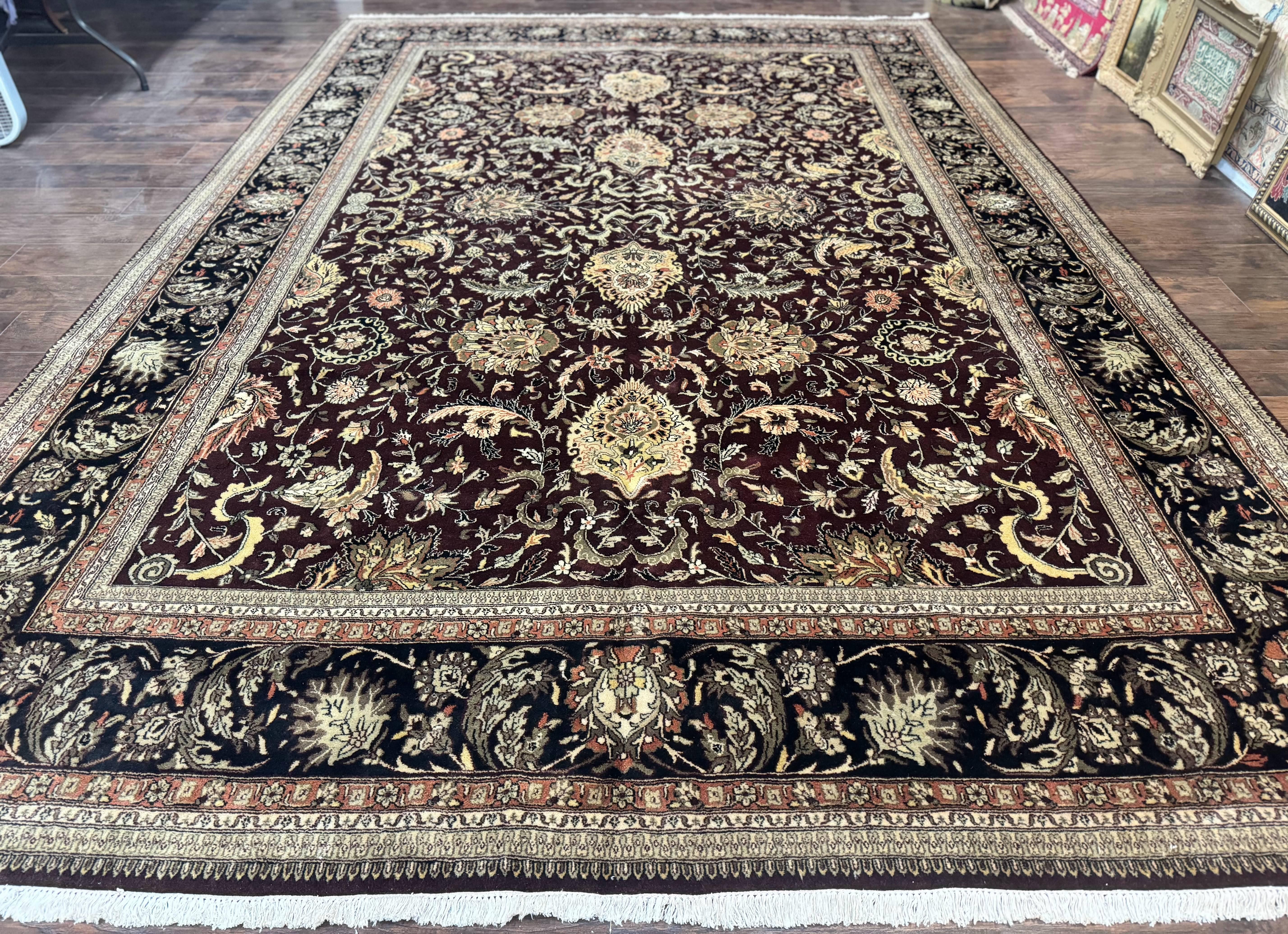 Indo Persian Rug 10x14, Floral Allover, Handmade Vintage Wool Rug, Dark Maroon/Plum and Black - Jewel Rugs