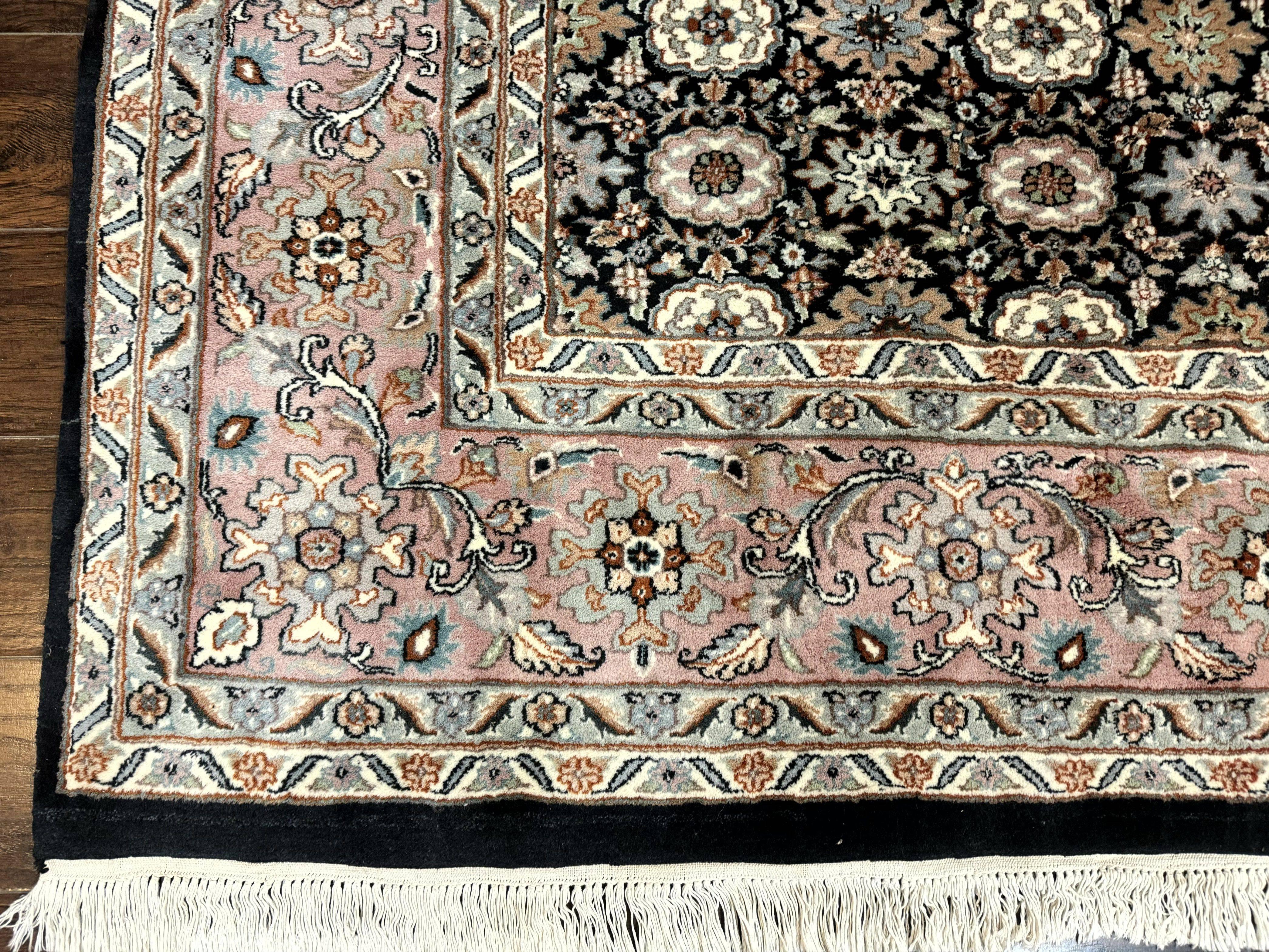 Indo Persian Rug 9x12, Vintage Handmade Wool Carpet, Repeated Allover Motif, Navy Blue and Pink - Jewel Rugs