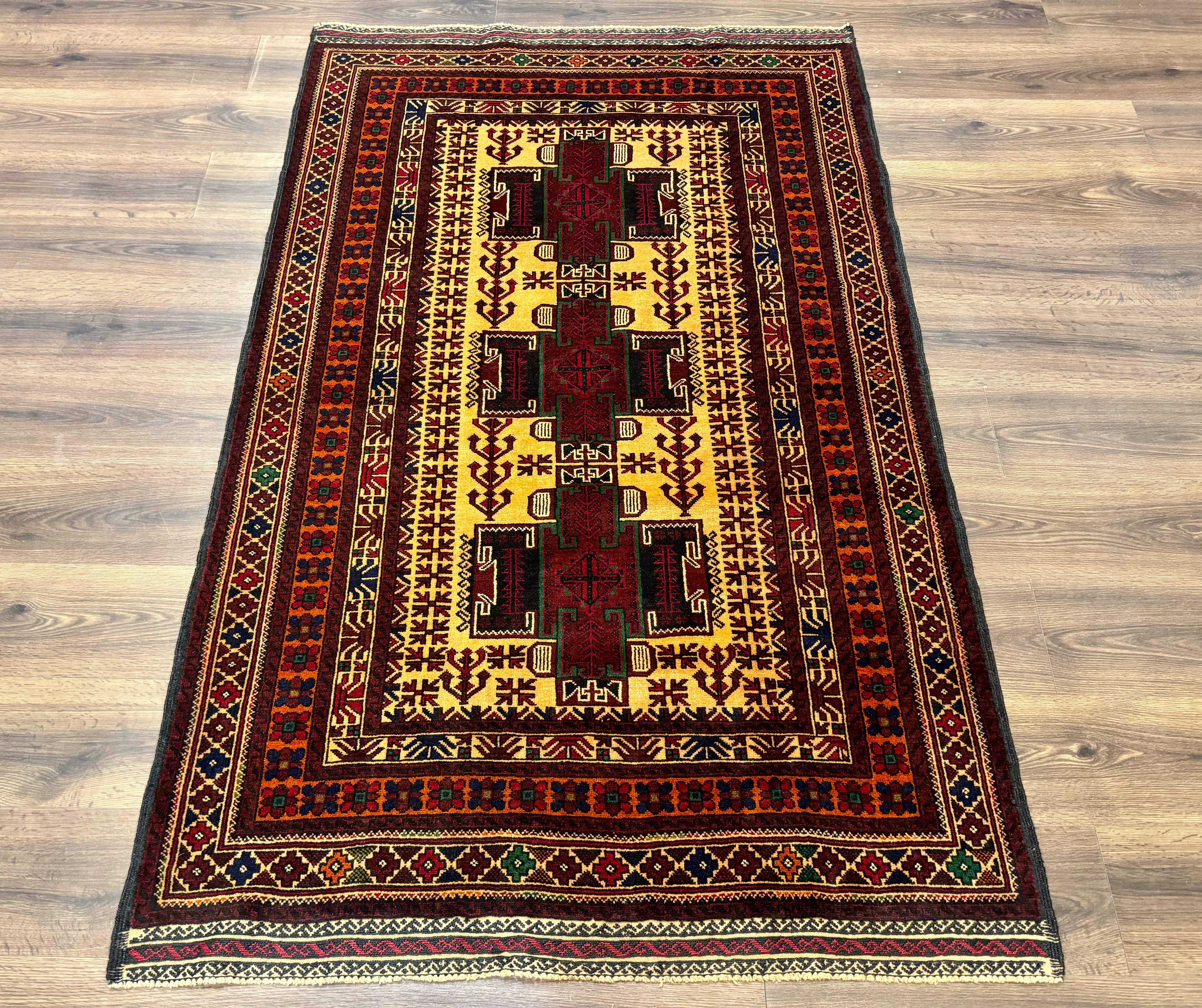 Persian Baluch Rug 4x7 – Golden Yellow and Burgundy, Hand-Knotted Wool Tribal Carpet - Jewel Rugs