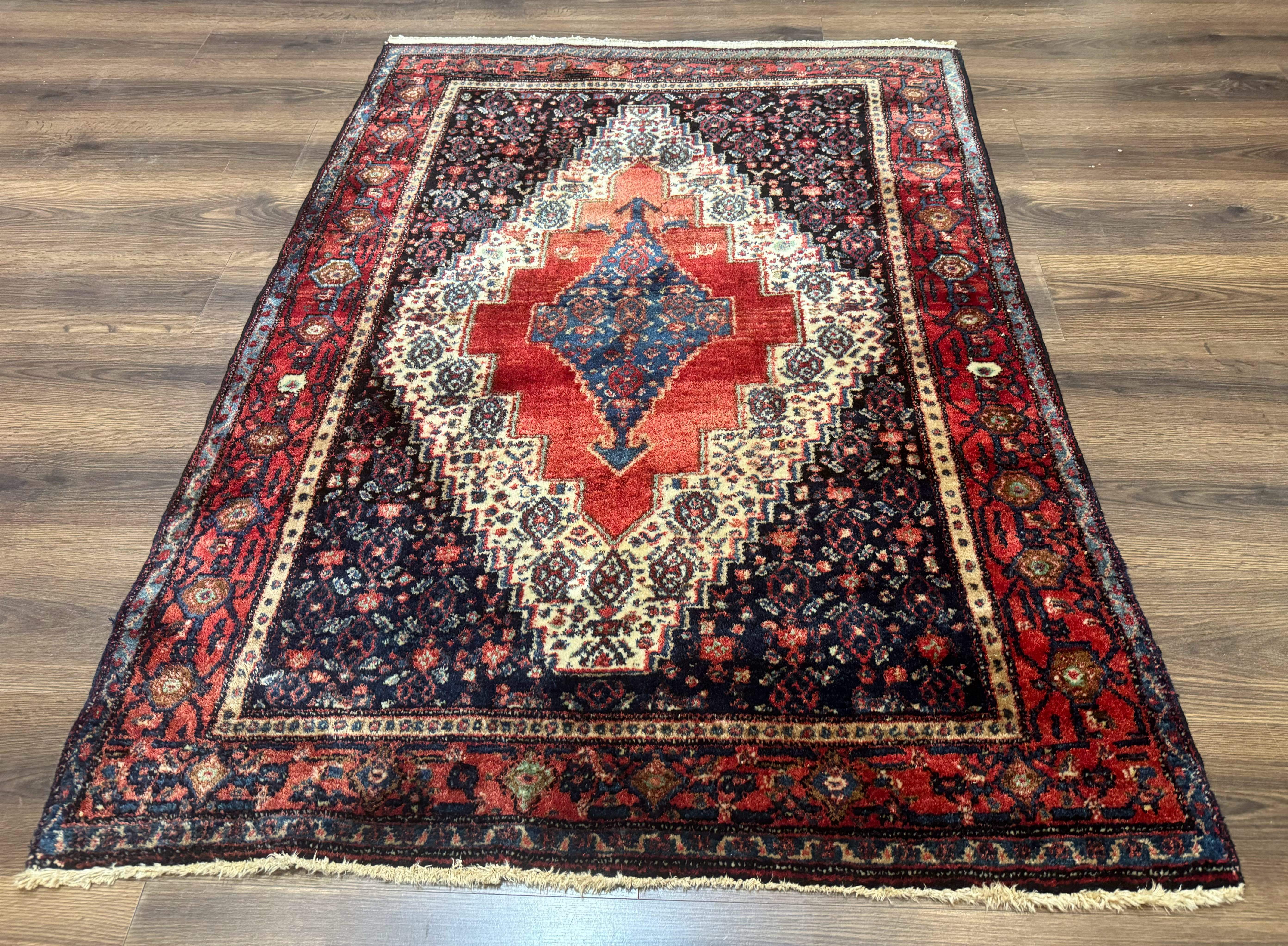 Antique Persian Kurdish Senneh Rug 4x5 Tribal Carpet Wool Geometric Medallion - Jewel Rugs