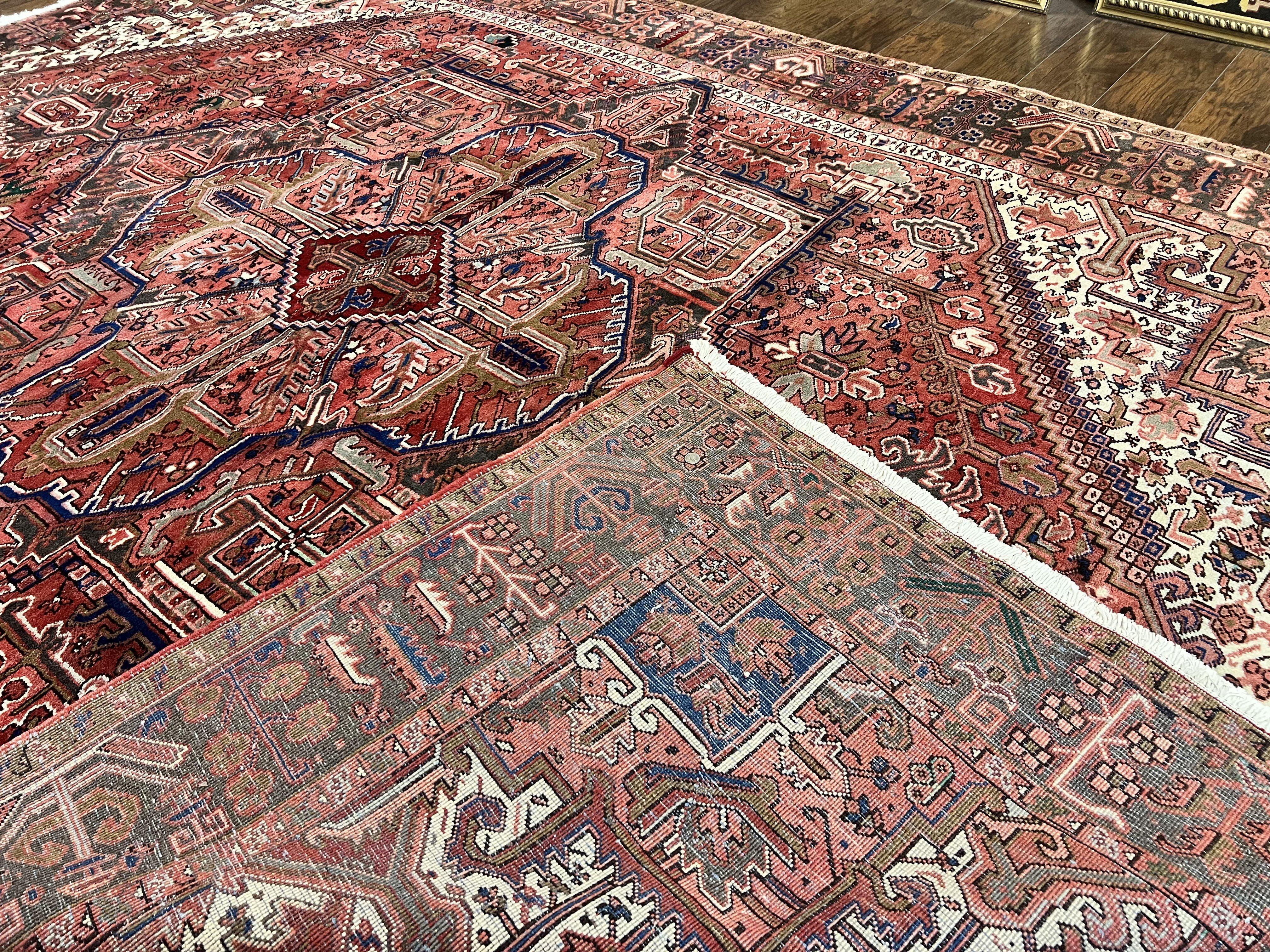 Persian Heriz Rug 10x13, Wool Hand Knotted Antique Carpet, Red Ivory, Geometric Rug 10 x 13 - Jewel Rugs