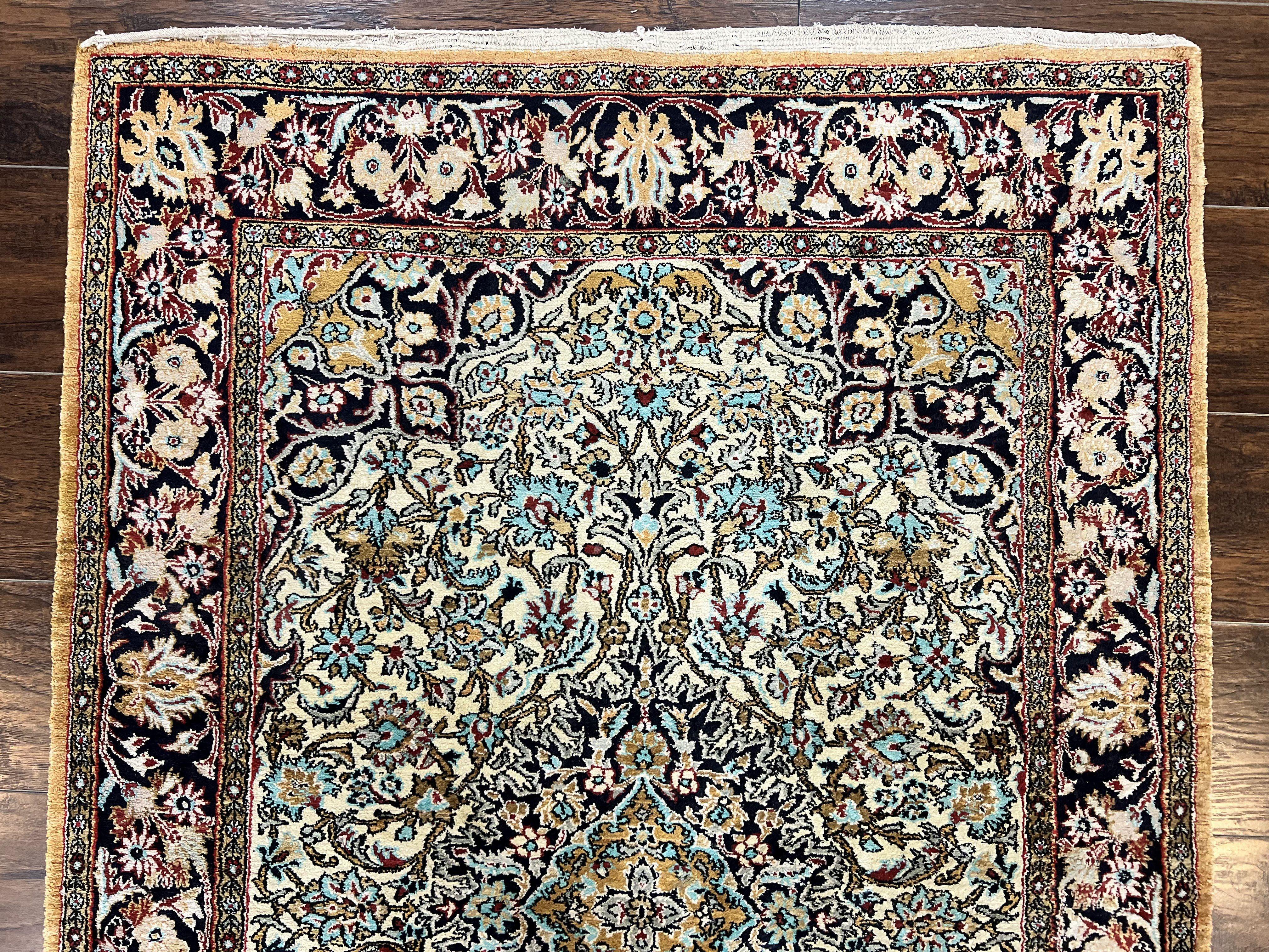 Silk Persian Qum Rug 4x5, Hand Knotted Vintage Carpet, Cream & Navy Blue, Silk Pile on Silk Foundation, Very Fine 360 KPSI - Jewel Rugs