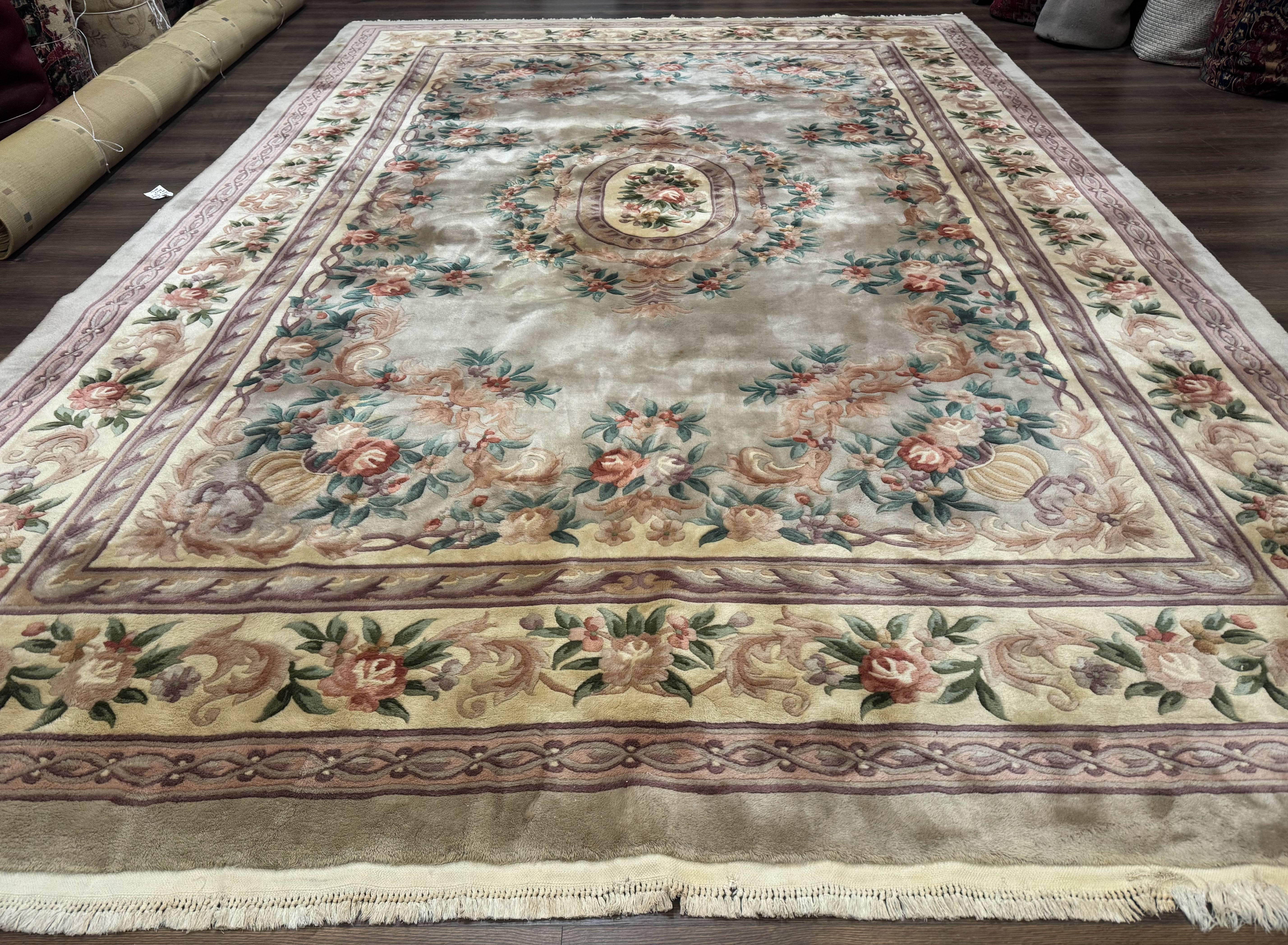 Chinese Aubusson Rug 10x14, Soft Thick Wool Pile, Gray and Beige, Floral, Vintage 1960s Chinese Wool Rug - Jewel Rugs