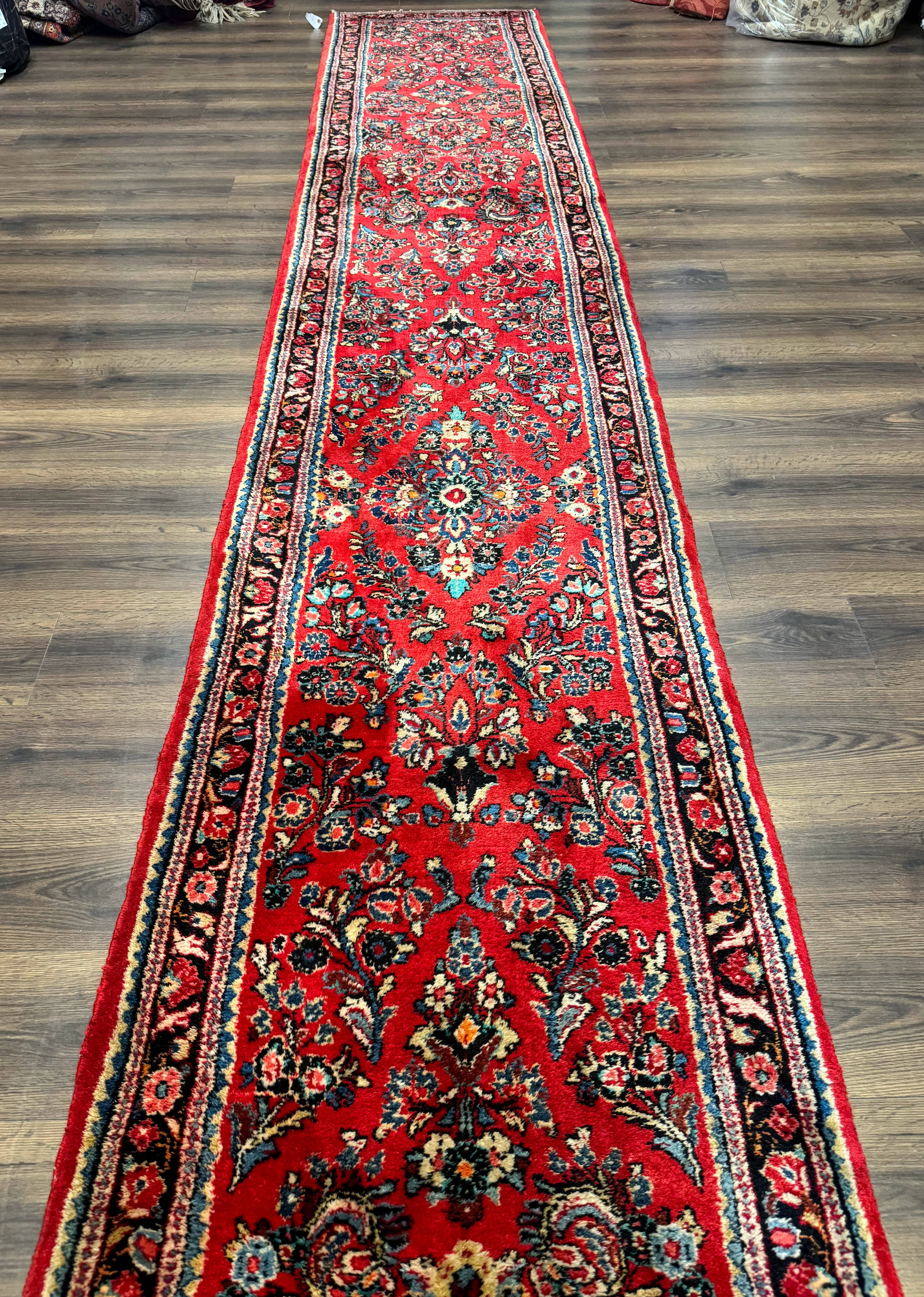 Long Persian Sarouk Runner Rug 2.9 x 21, Rare Size for Long Hallway, Wool, Vintage, Floral, Red - Jewel Rugs