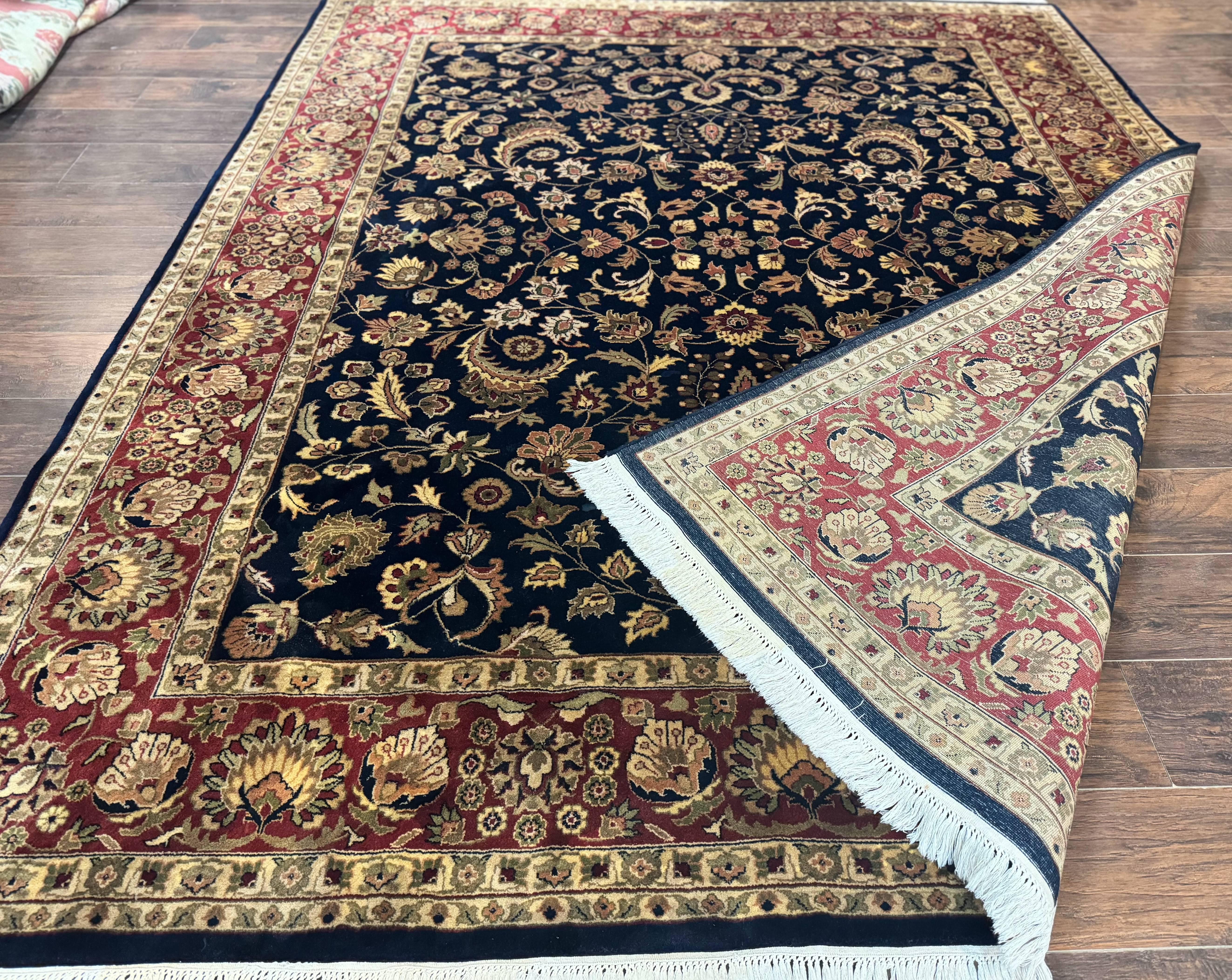 Indo Persian Rug 8x10, Navy Blue and Red, Floral Allover, Hand Knotted Vintage Wool Carpet, Indo Sarouk - Jewel Rugs