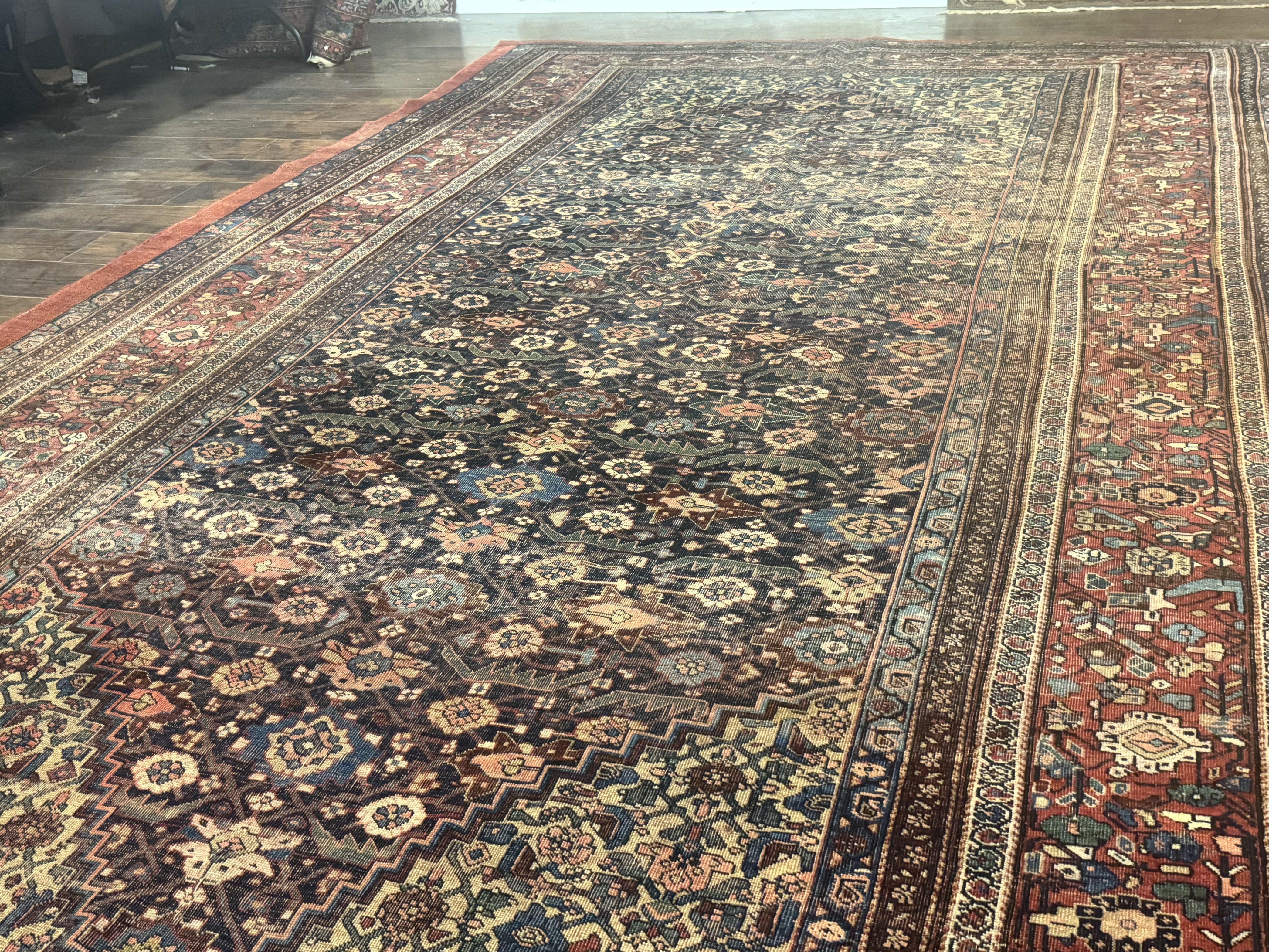 Antique Persian Bidjar Rug 8x15 – Navy Blue, Herati Pattern, Early 20th Century - Jewel Rugs