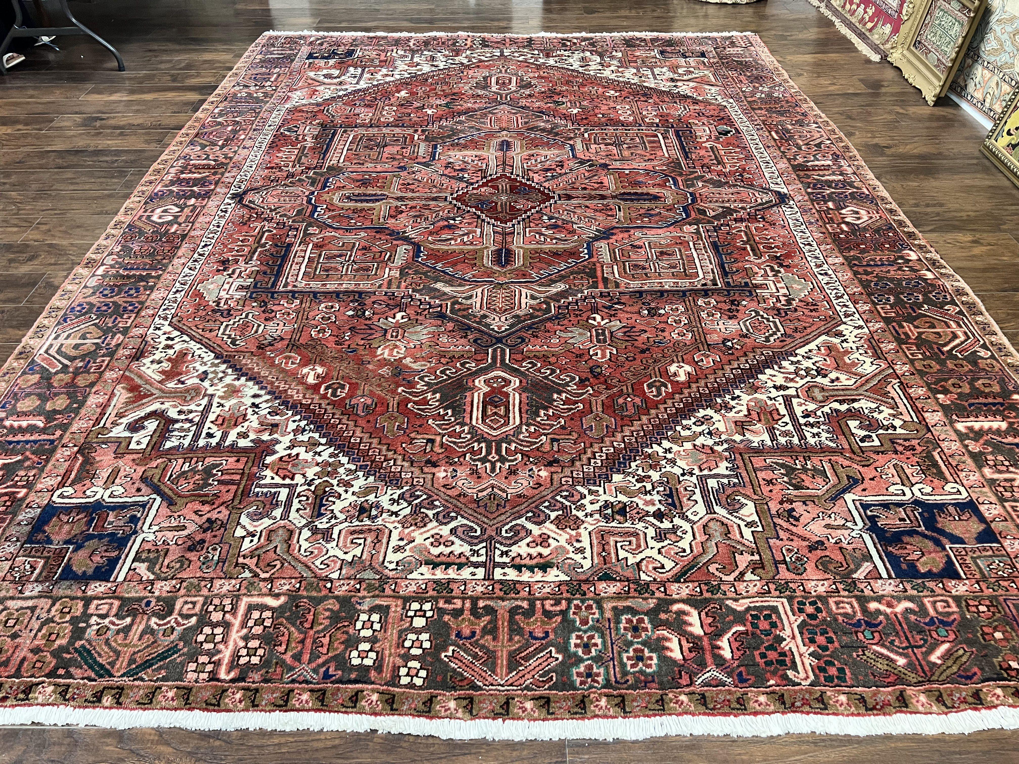 Persian Heriz Rug 10x13, Wool Hand Knotted Antique Carpet, Red Ivory, Geometric Rug 10 x 13 - Jewel Rugs