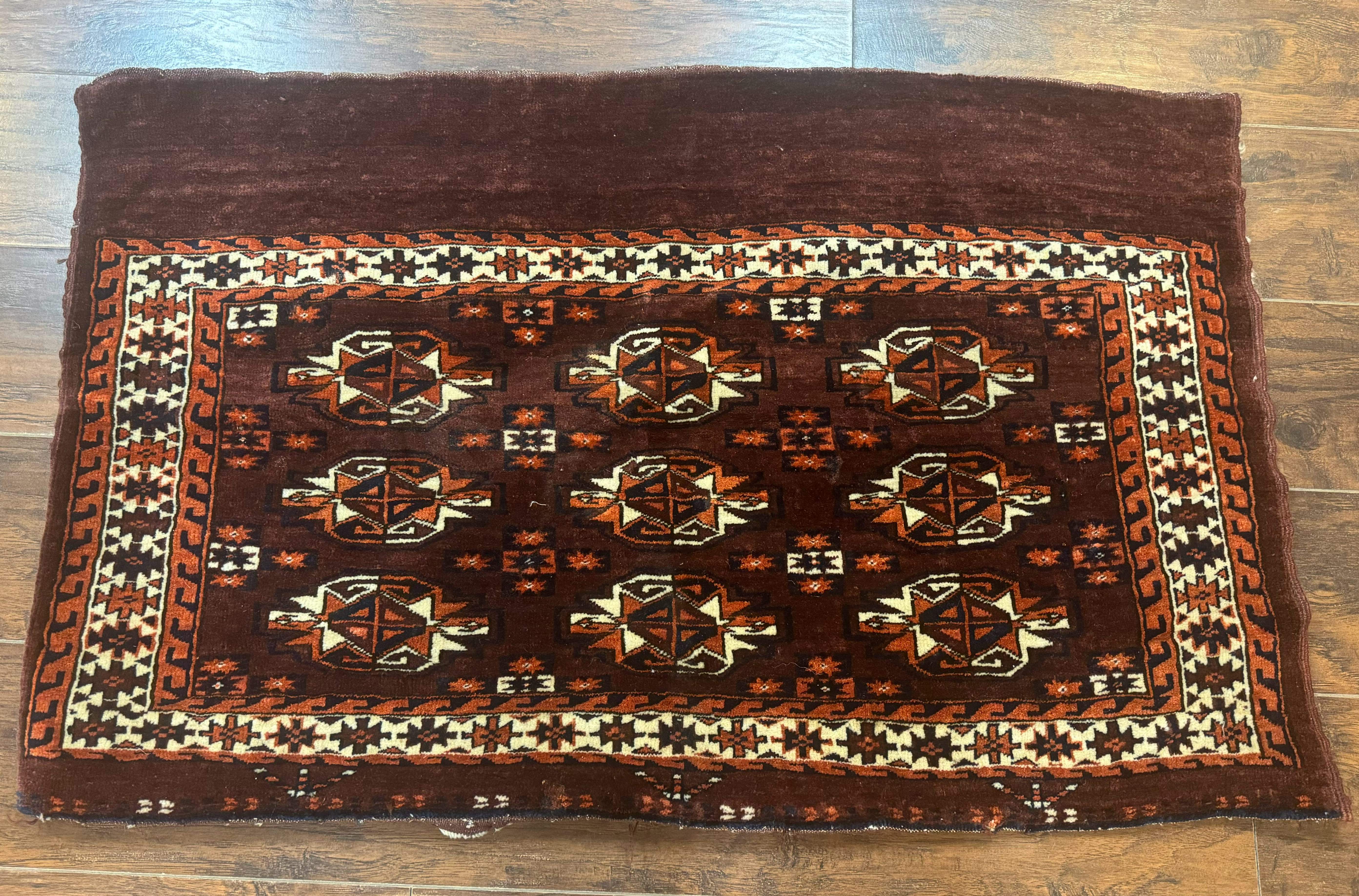 Persian Turkoman Yamud Cushion Cover Rug 3x4 – Burgundy and Ivory, Hand-Knotted Wool Antique - Jewel Rugs