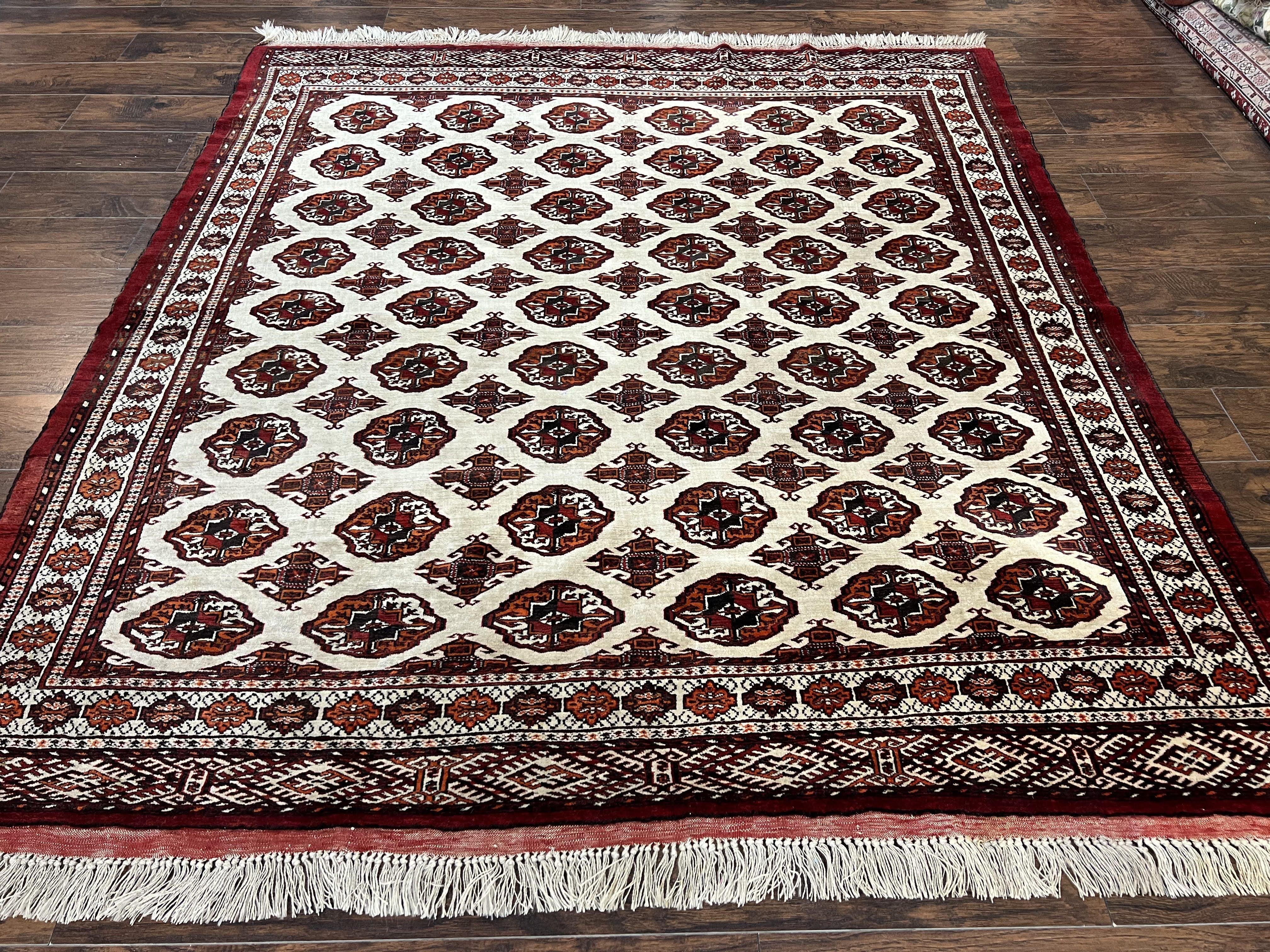 Persian Turkoman Rug 7x8, Almost Square Rare, Hand Knotted, Yamud, Bohemian Rug, Handmade Tribal Rug, Cream Red, Handmade Oriental Carpet - Jewel Rugs