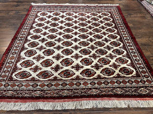 Persian Turkoman Rug 7x8, Almost Square Rare, Hand Knotted, Yamud, Bohemian Rug, Handmade Tribal Rug, Cream Red, Handmade Oriental Carpet