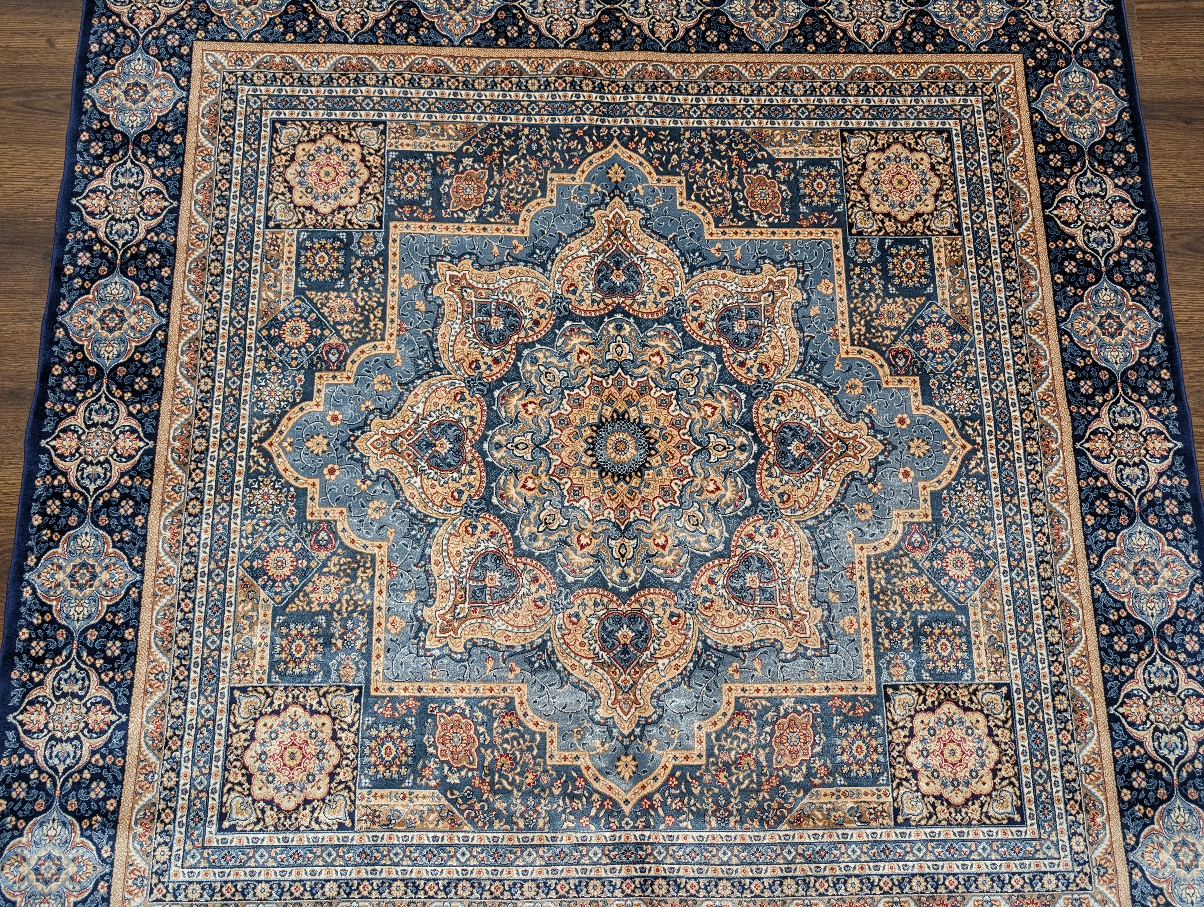 Square Silk Rug 5x5, Turkish Mamluk Silk Carpet, Blue, New, Bamboo Silk - Jewel Rugs