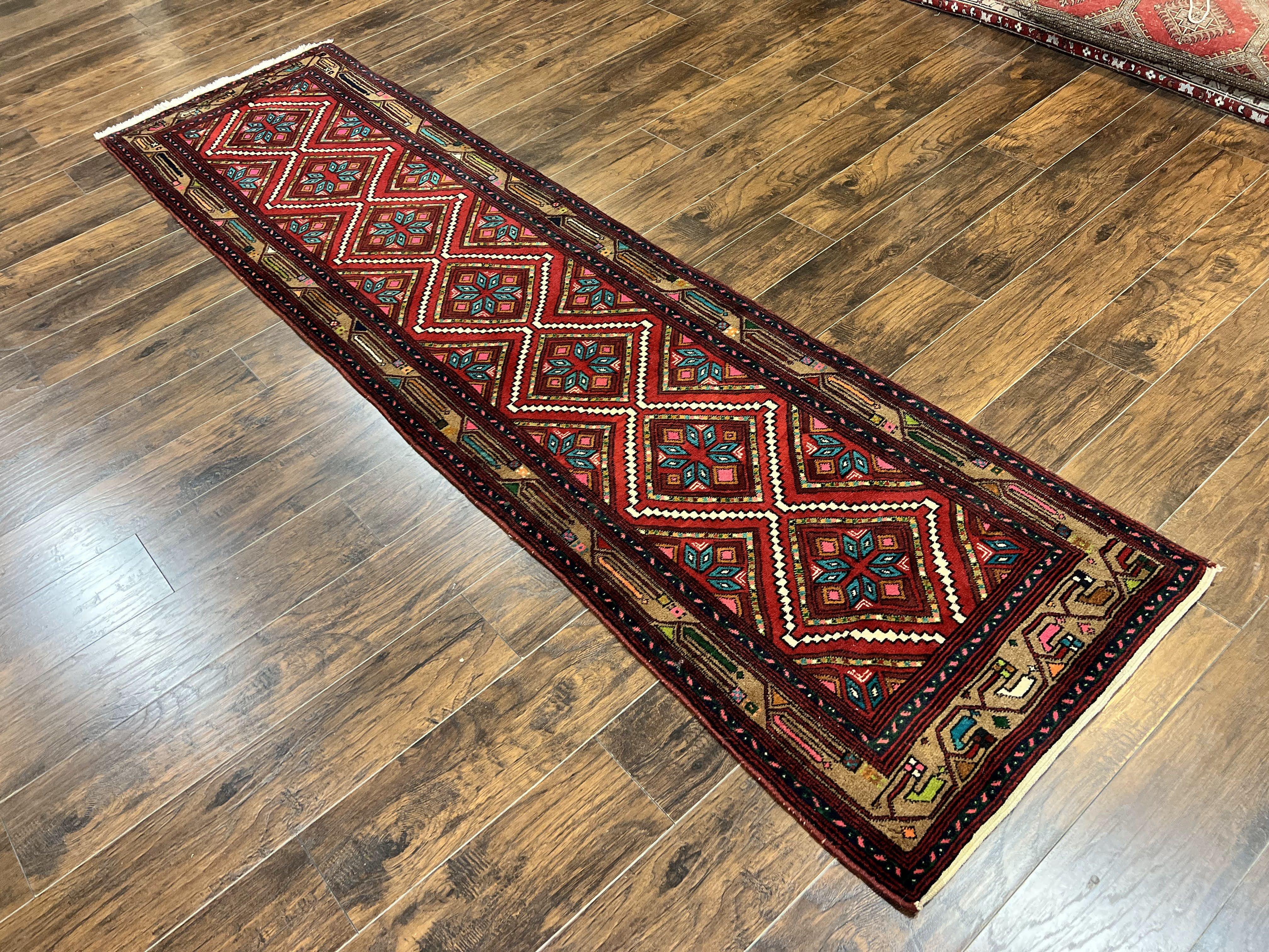 Persian Tribal Runner Rug 3x10, Red Camel Hair Navy Blue, Handmade Hand Knotted 10ft Wool Oriental Vintage Runner for Kitchen or Hallway, Persian Lilihan Hamadan Runner - Jewel Rugs