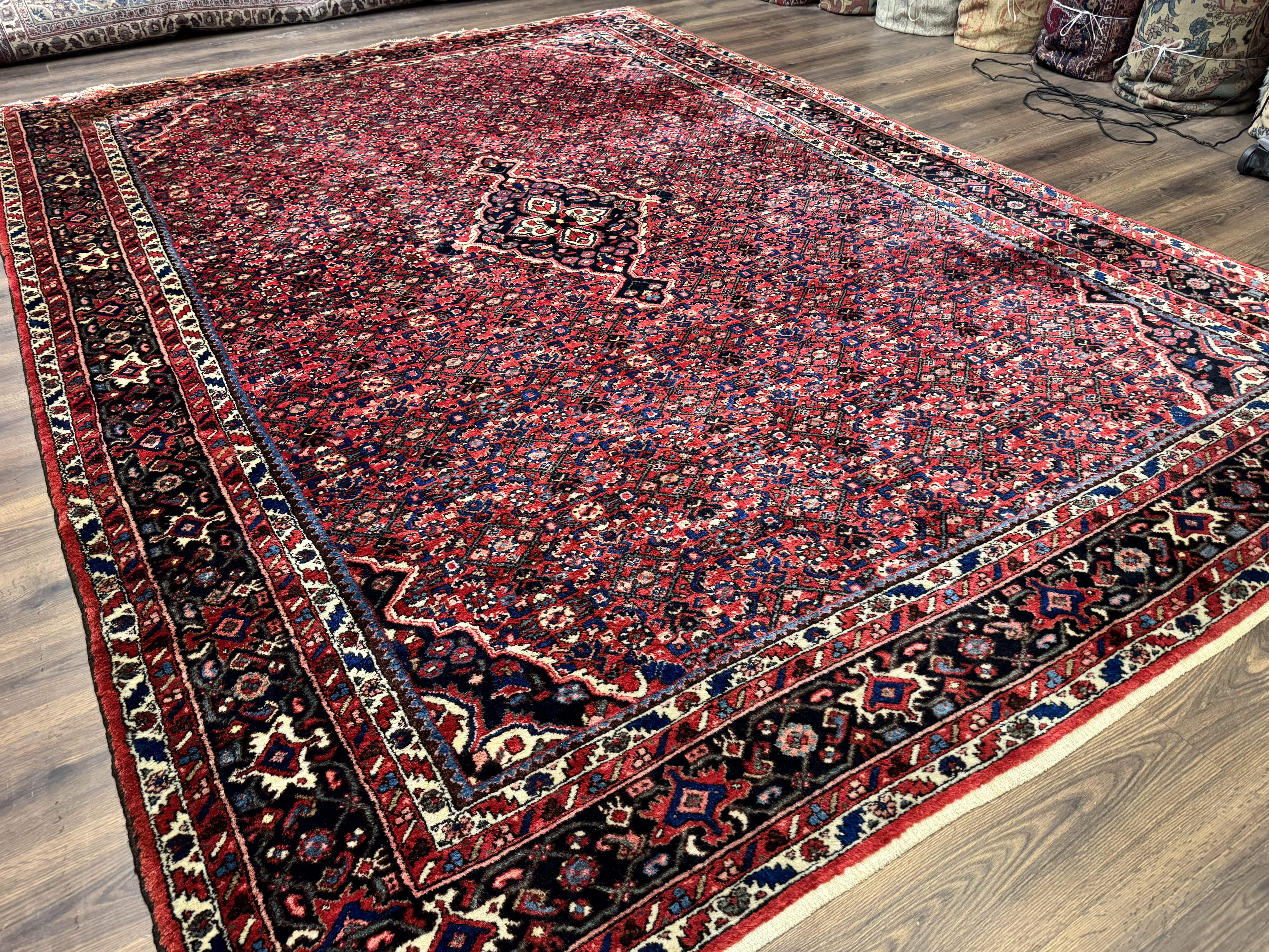 Persian Hamadan Rug 9x12 – Red and Navy Hand-Knotted Wool Antique Village Carpet - Jewel Rugs