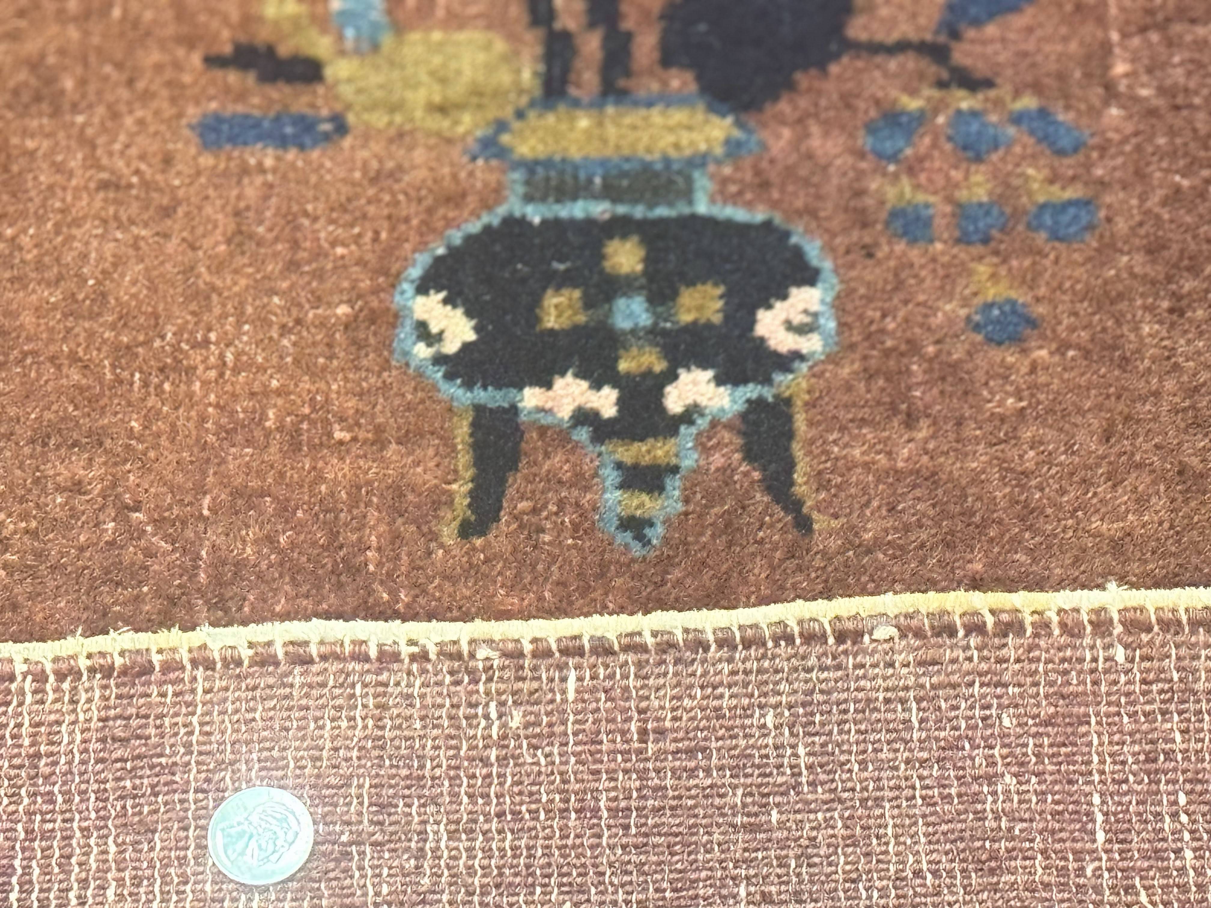 Antique Chinese Wool Rug 9x12, Light Brown and Navy Blue, Fete Peking Art Deco - Jewel Rugs