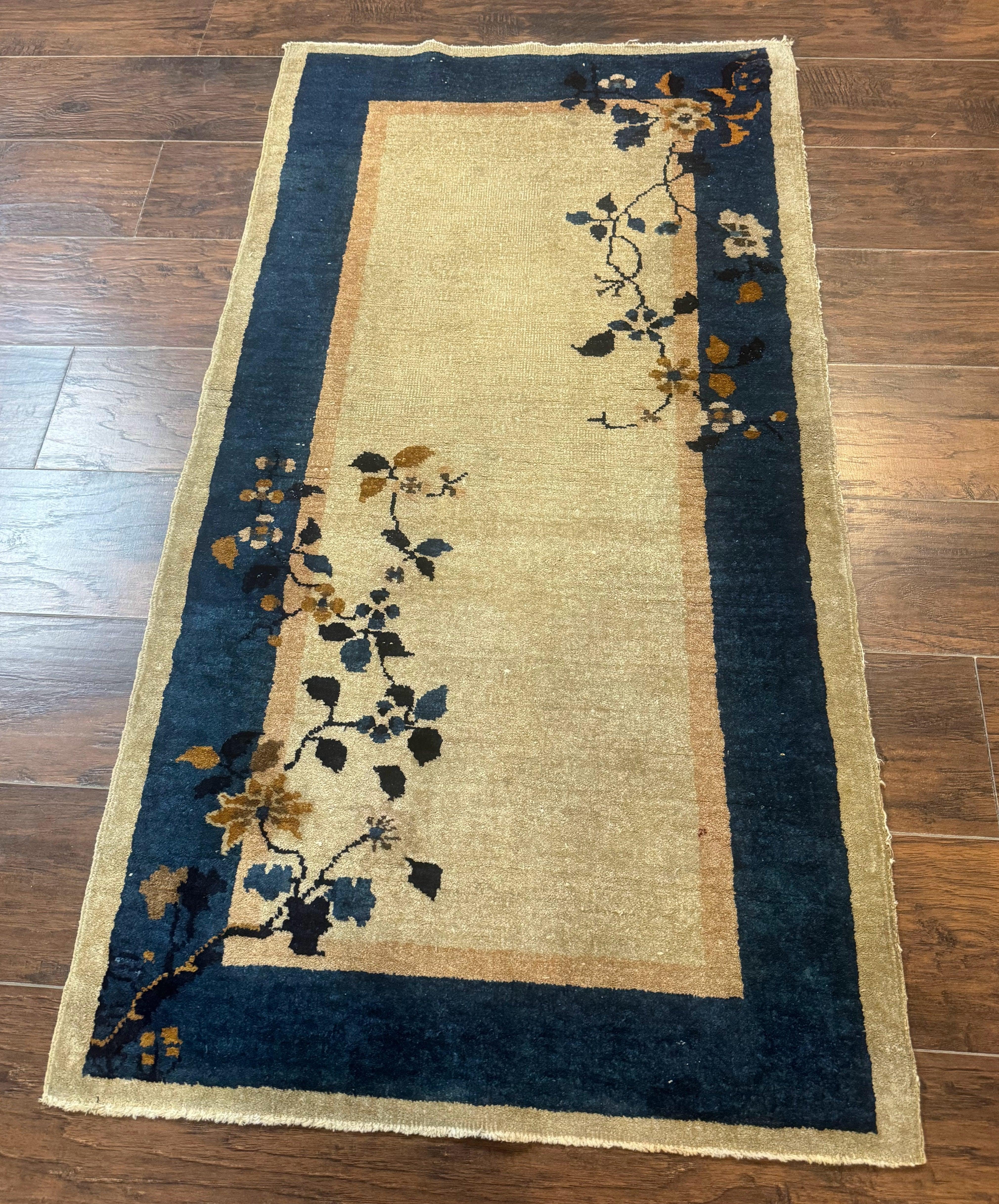 Antique Chinese Wool Rug 2.7 x 5, Simple Design, Peking Carpet, 1920s Rug, Beige and Blue, Floral - Jewel Rugs