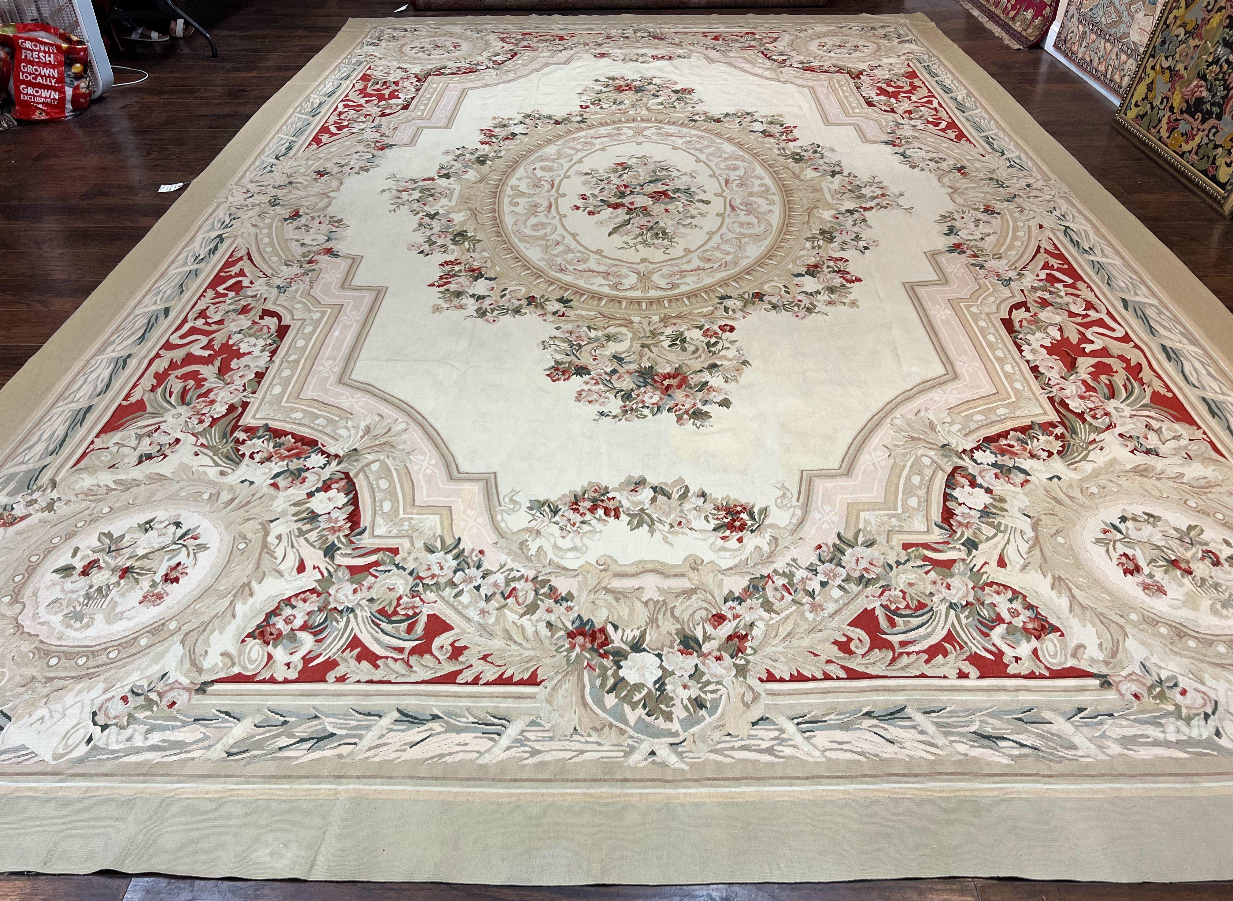Large Aubusson Rug 11x17, Wool Handmade Vintage Carpet, Ivory Beige, French European Elegant Design, Palace Size Rug - Jewel Rugs