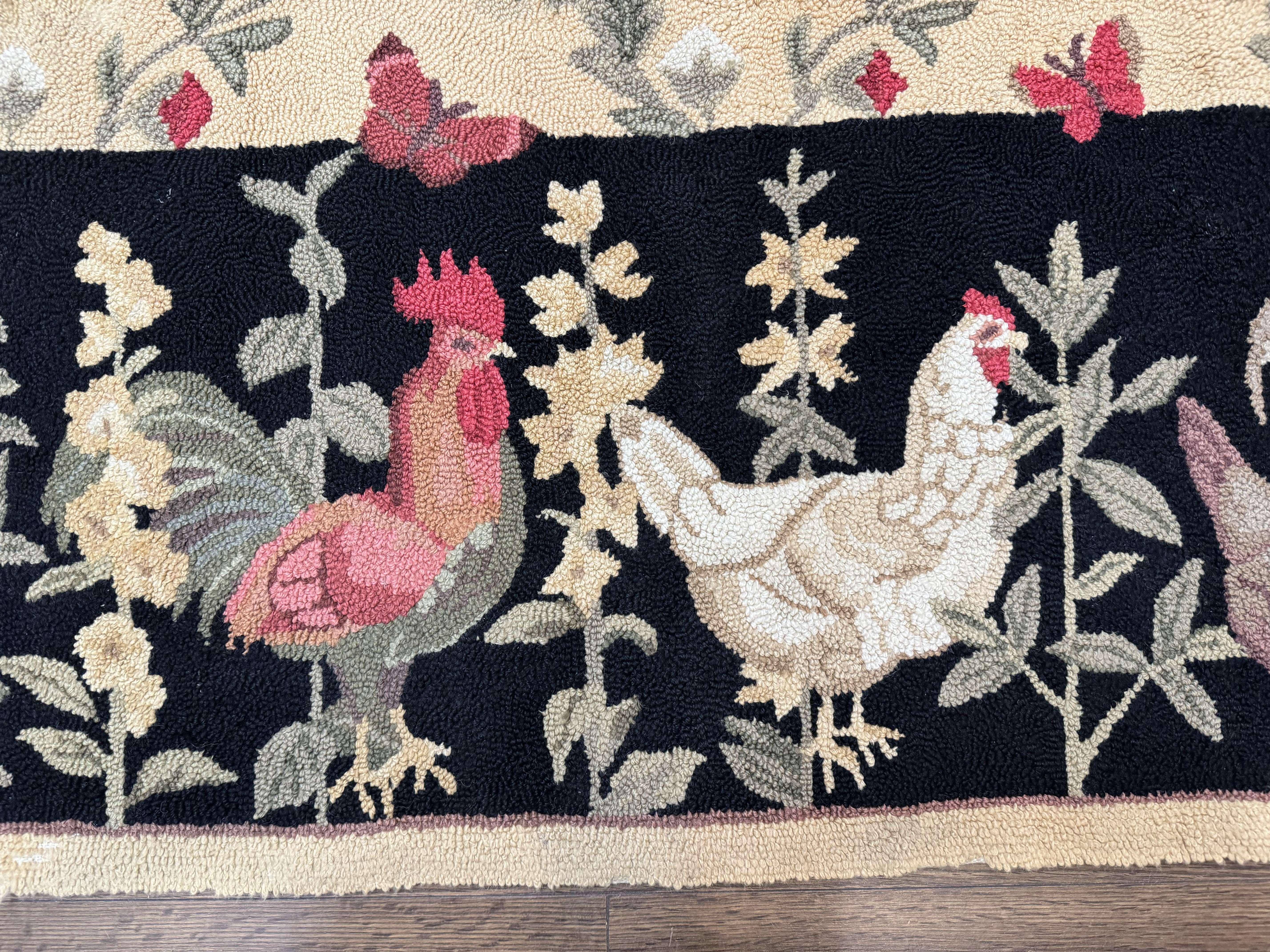 Vintage Hooked Rug 7x9, Rosters in Border, Roses and Butterflies - Jewel Rugs