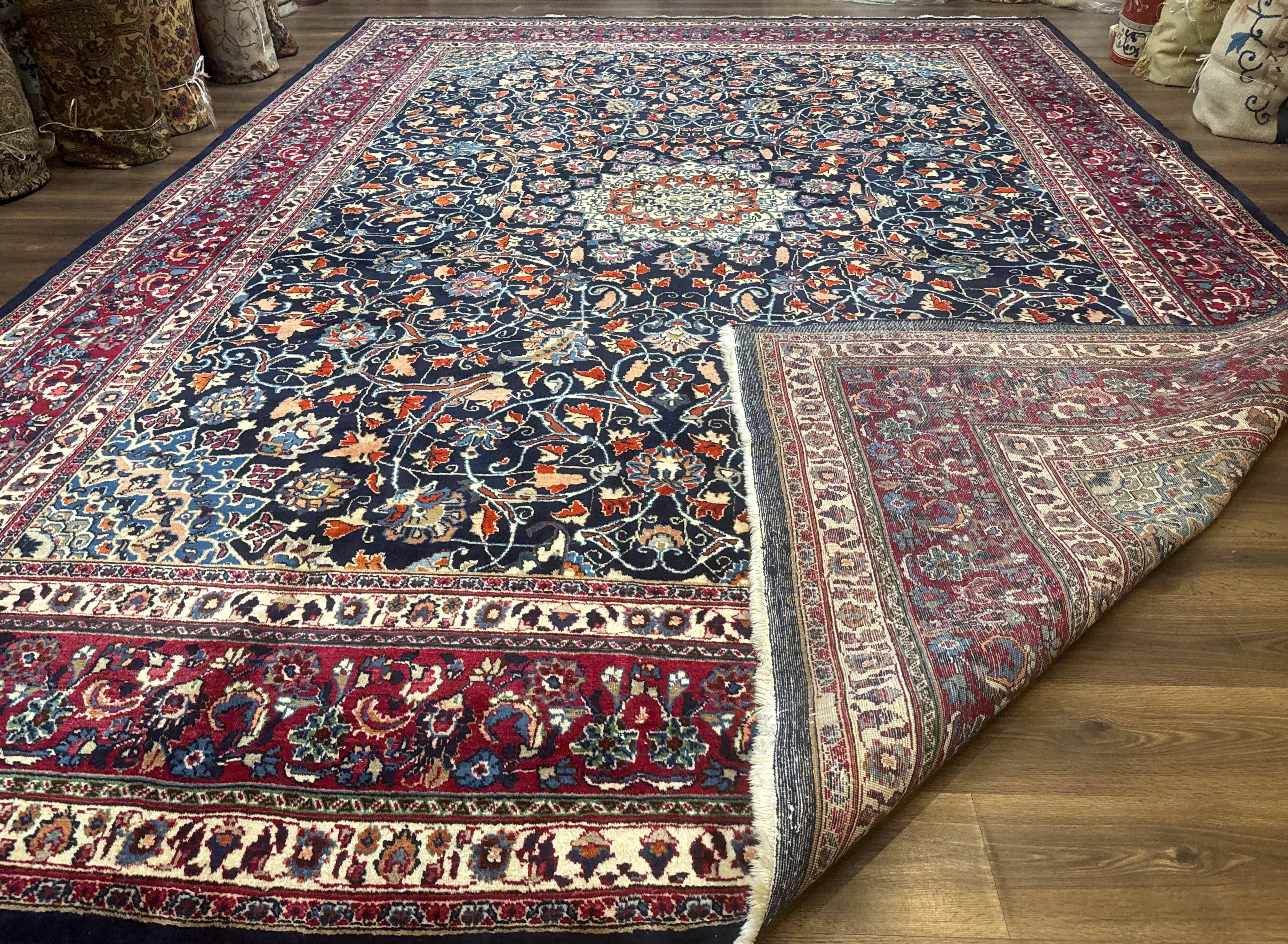 Palace Size Persian Mashad Rug 11x16, Navy Blue and Red, Floral Medallion - Jewel Rugs