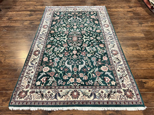 Indo Persian Rug 6x9, Dark Green and Cream Wool Floral Oriental Carpet 6 x 9 ft, Handmade Hand Knotted Vintage Rug, Medium Sized Rug