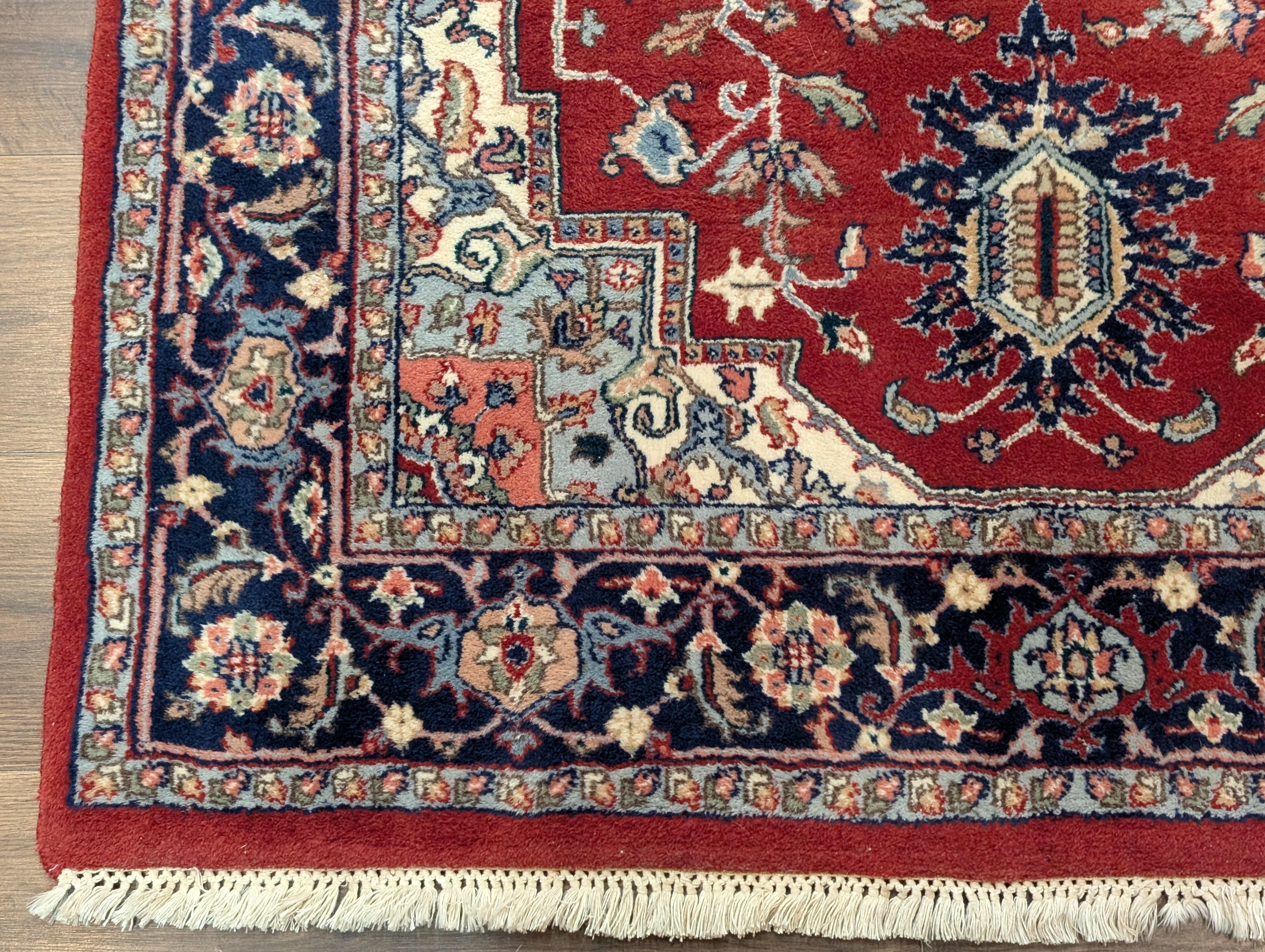 Indo Persian Heriz Rug 4x6, Red and Navy Hand Knotted Traditional Oriental Rug - Jewel Rugs