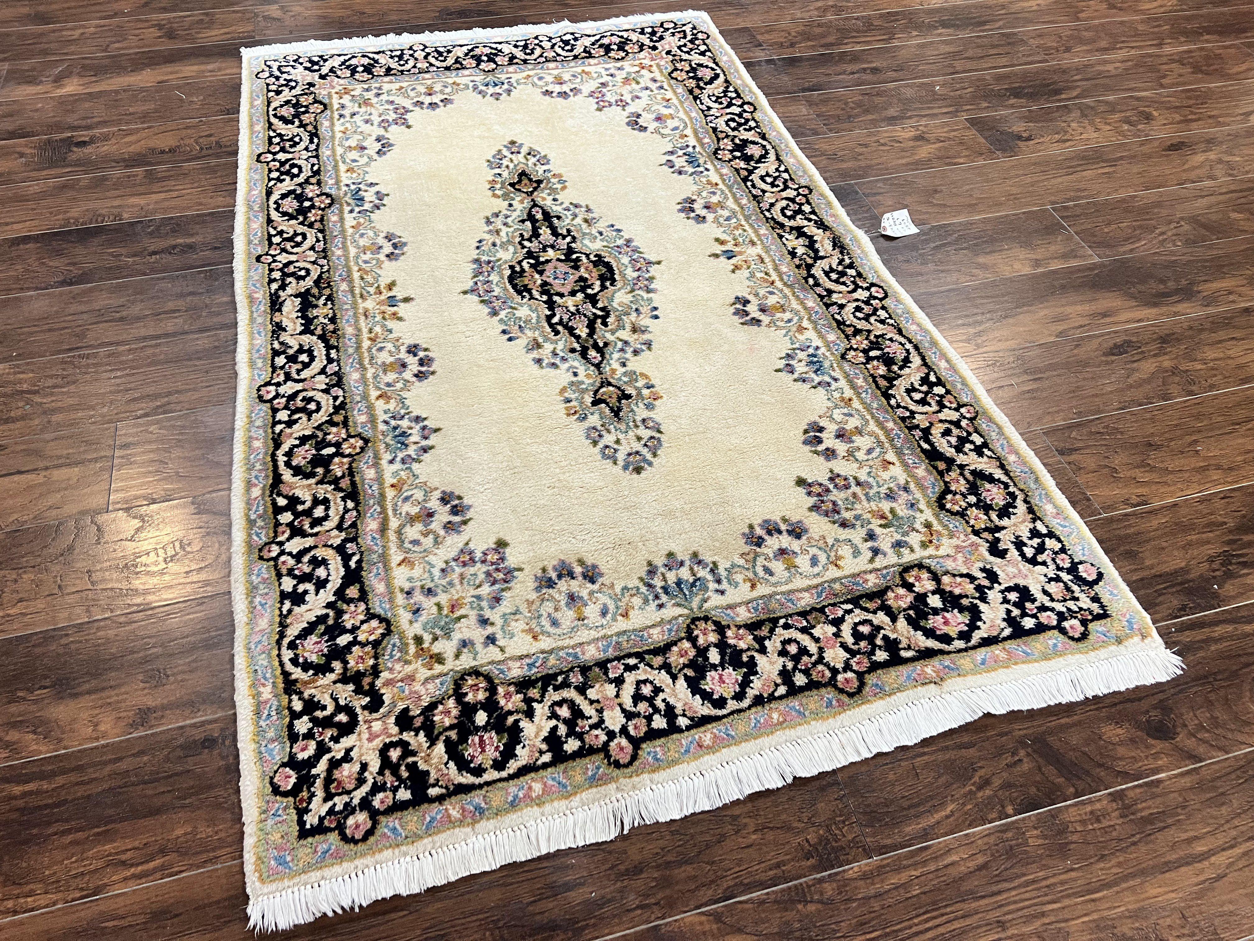 Persian Kirman Rug 4x7, Wool Hand Knotted Antique Carpet, Beige, Semi Open Field Medallion Rug, Traditional Handmade Oriental Rug - Jewel Rugs
