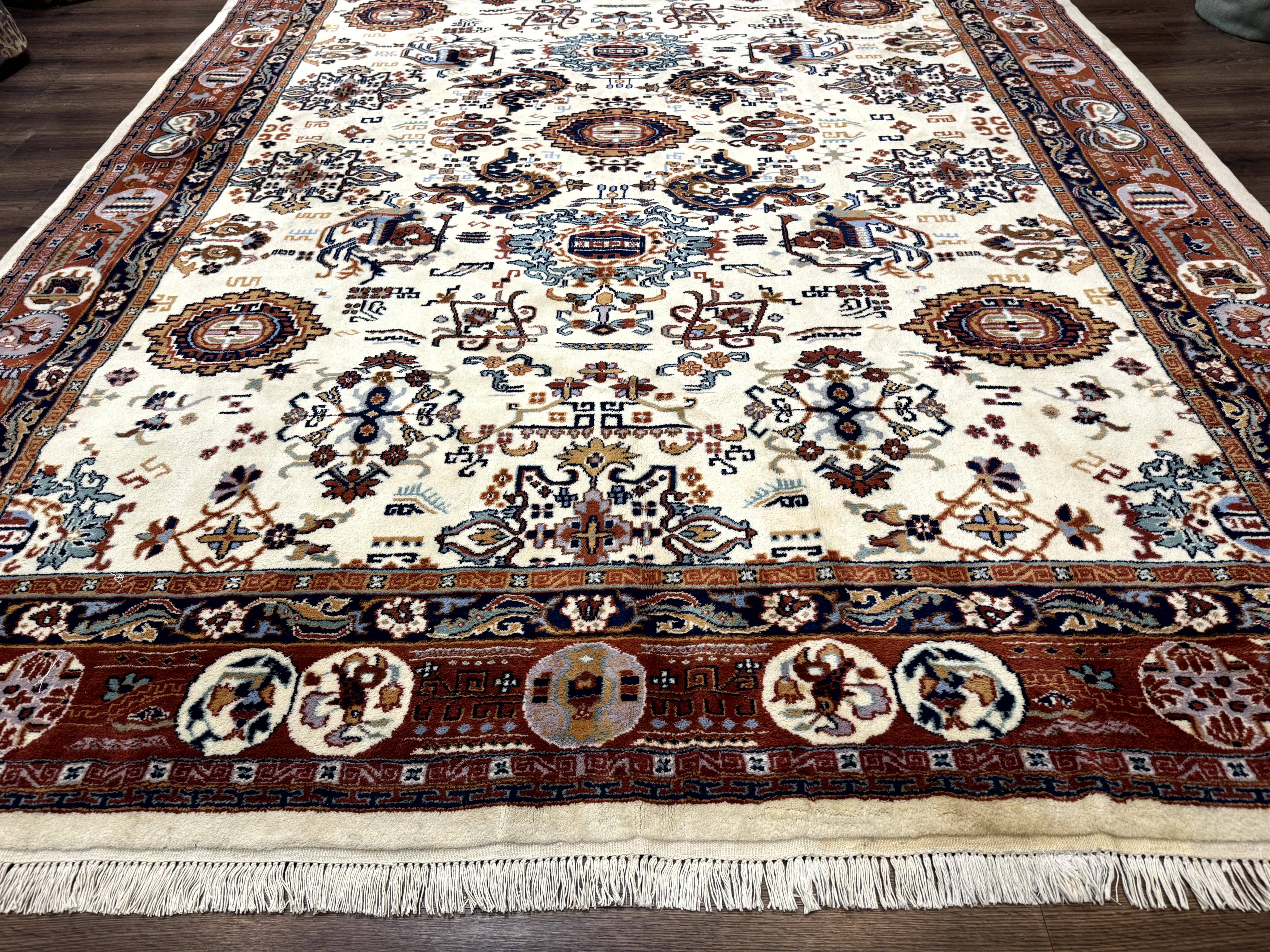 Indo Chinese Wool Rug 9x12, Ivory and Rust Red, Dragon Motifs - Jewel Rugs