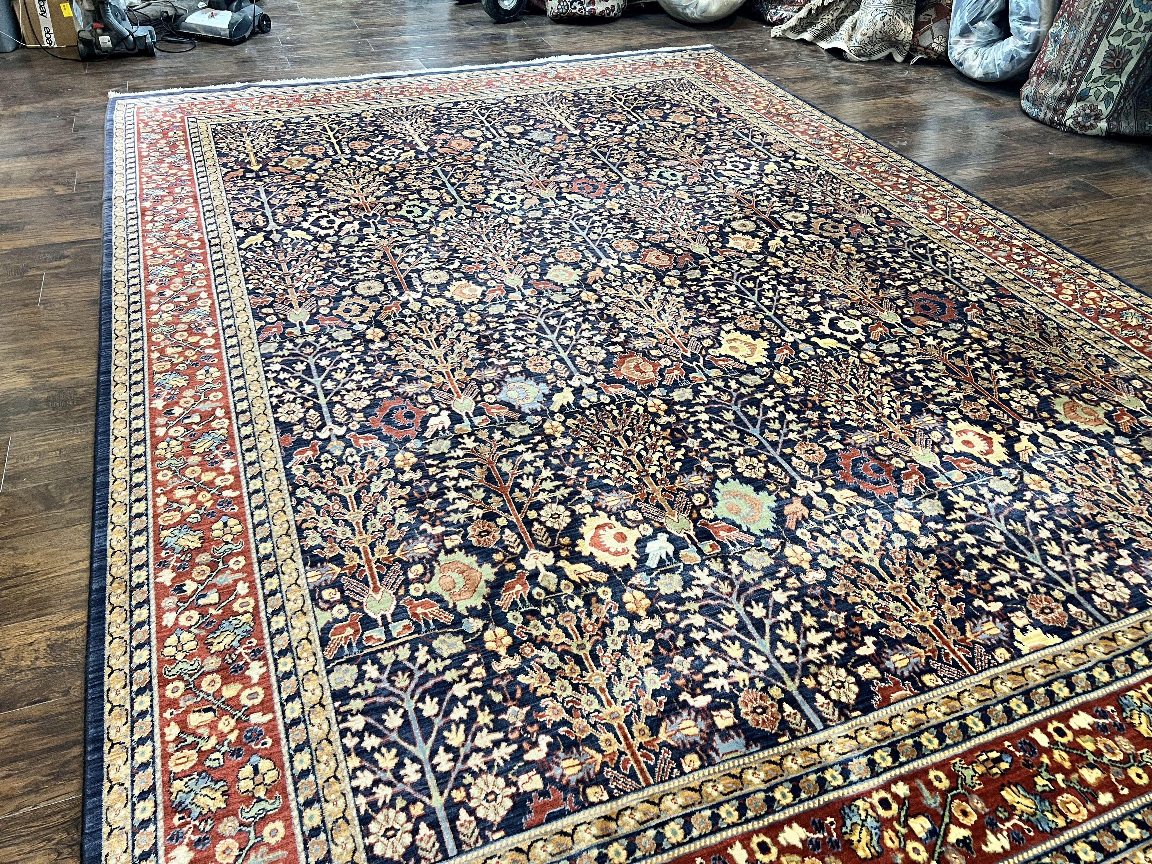 Karastan Rug 9x13, Karastan English Manor Devonshire 2120, Discontinued Wool Pile Karastan Navy Blue Floral Room Sized Area Rug, Bird Motifs - Jewel Rugs