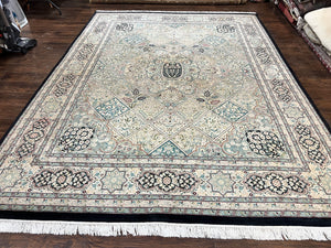 Pak Persian Kirman Rug 9x12, Panel Design Oriental Carpet 9 x 12 ft, Wool Hand Knotted Handmade Traditional Room Sized Vintage Rug, Green