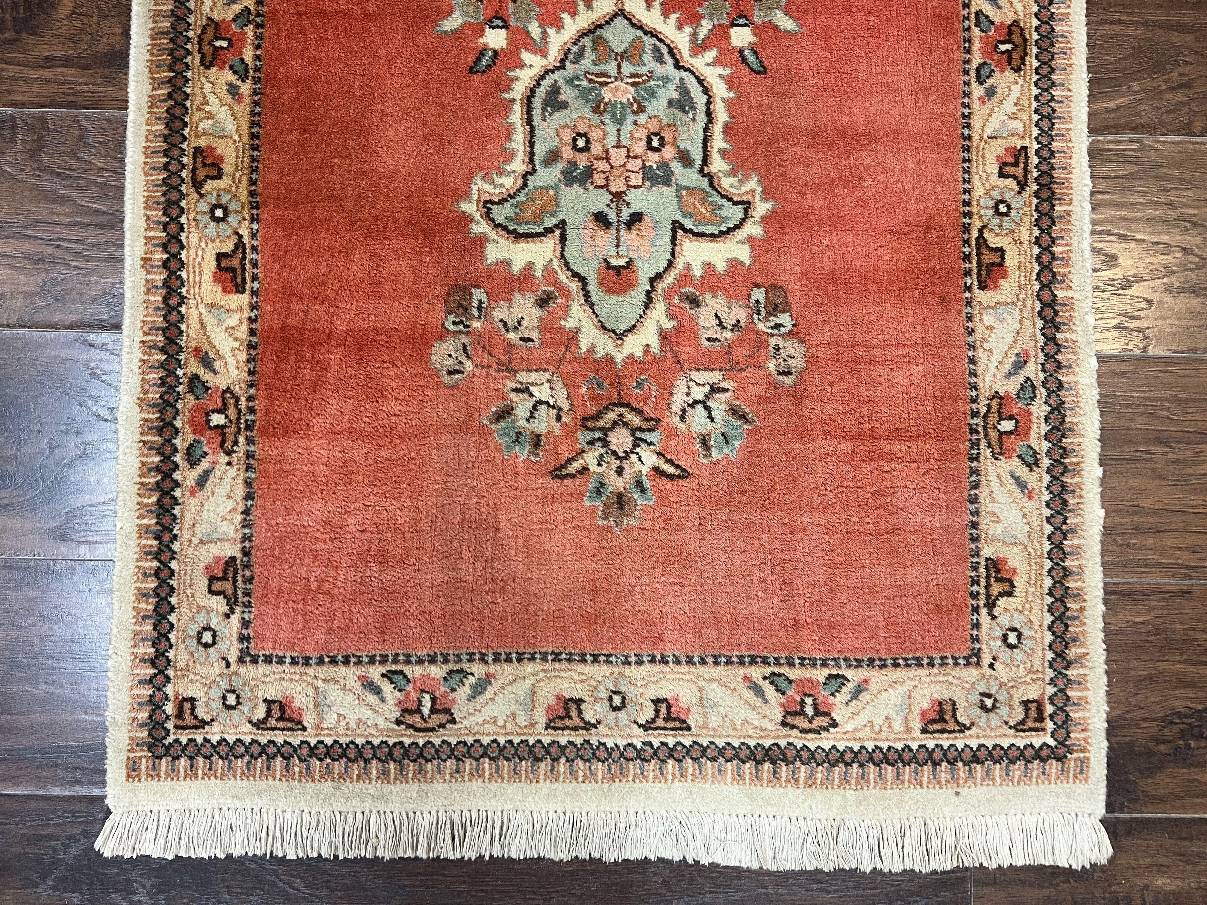 Persian Tabriz Runner Rug 3 x 12, Vintage Hand Knotted Wool Oriental Hallway Carpet, Light Red Beige Tan, Fine Weave, Semi Open Field, Traditional - Jewel Rugs