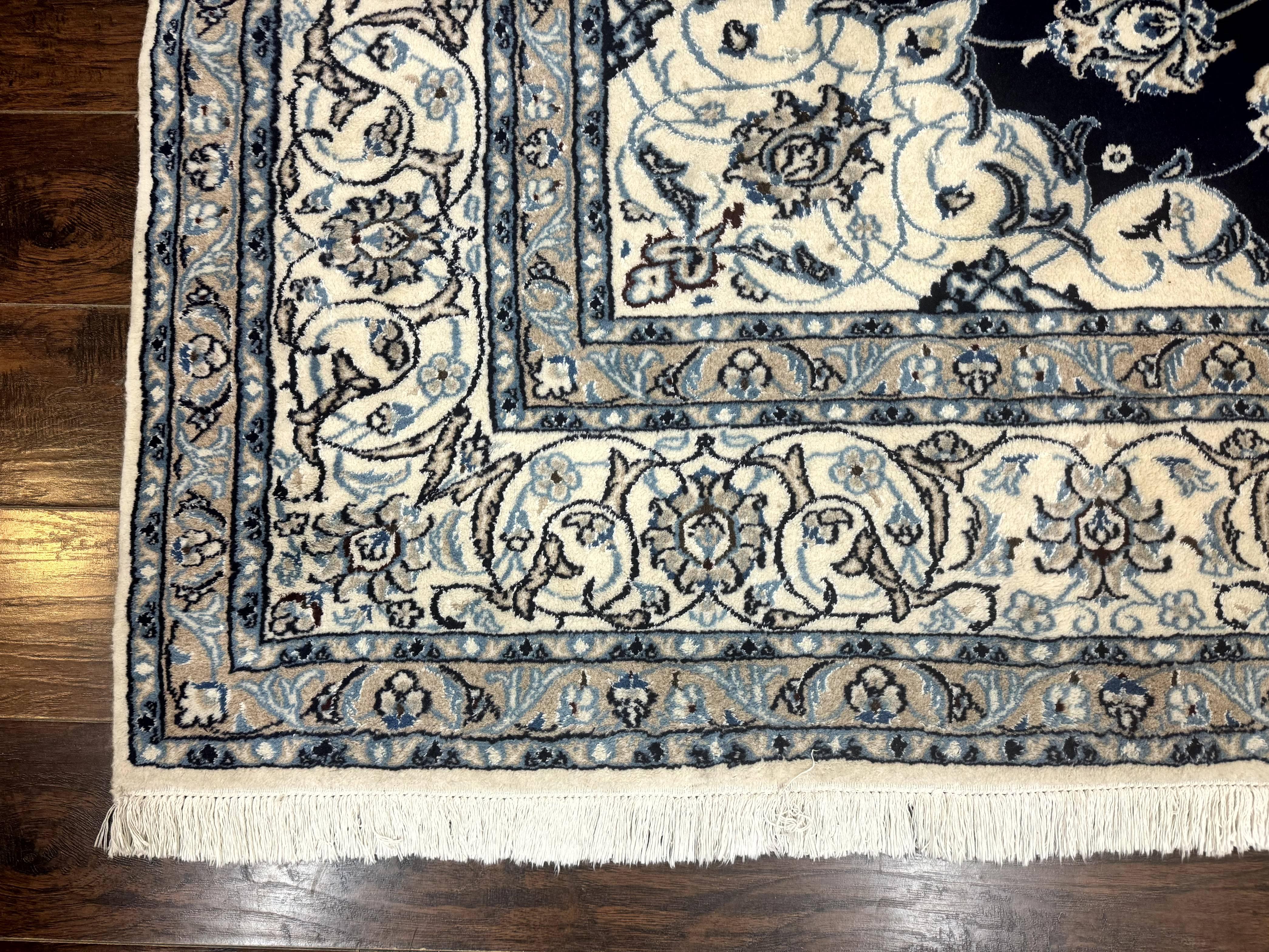 Persian Nain Rug 8x11, Navy Blue and Ivory, Handmade Wool Vintage Carpet, Floral Medallion - Jewel Rugs