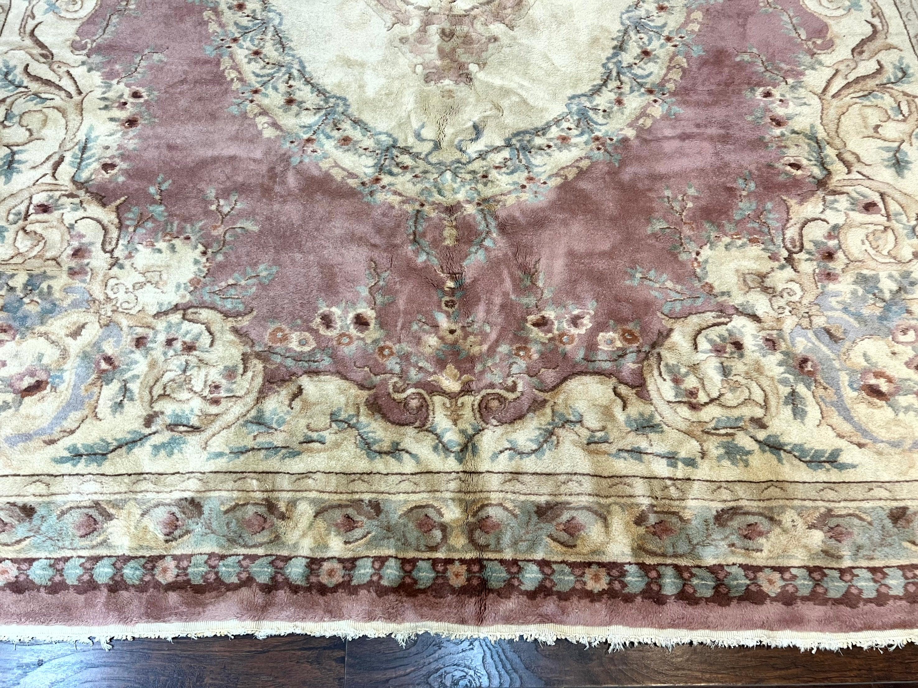 Indo Chinese Aubusson Wool Rug 10x14, Pink and Cream, Handmade Vintage Wool Carpet, Elegant European Design - Jewel Rugs