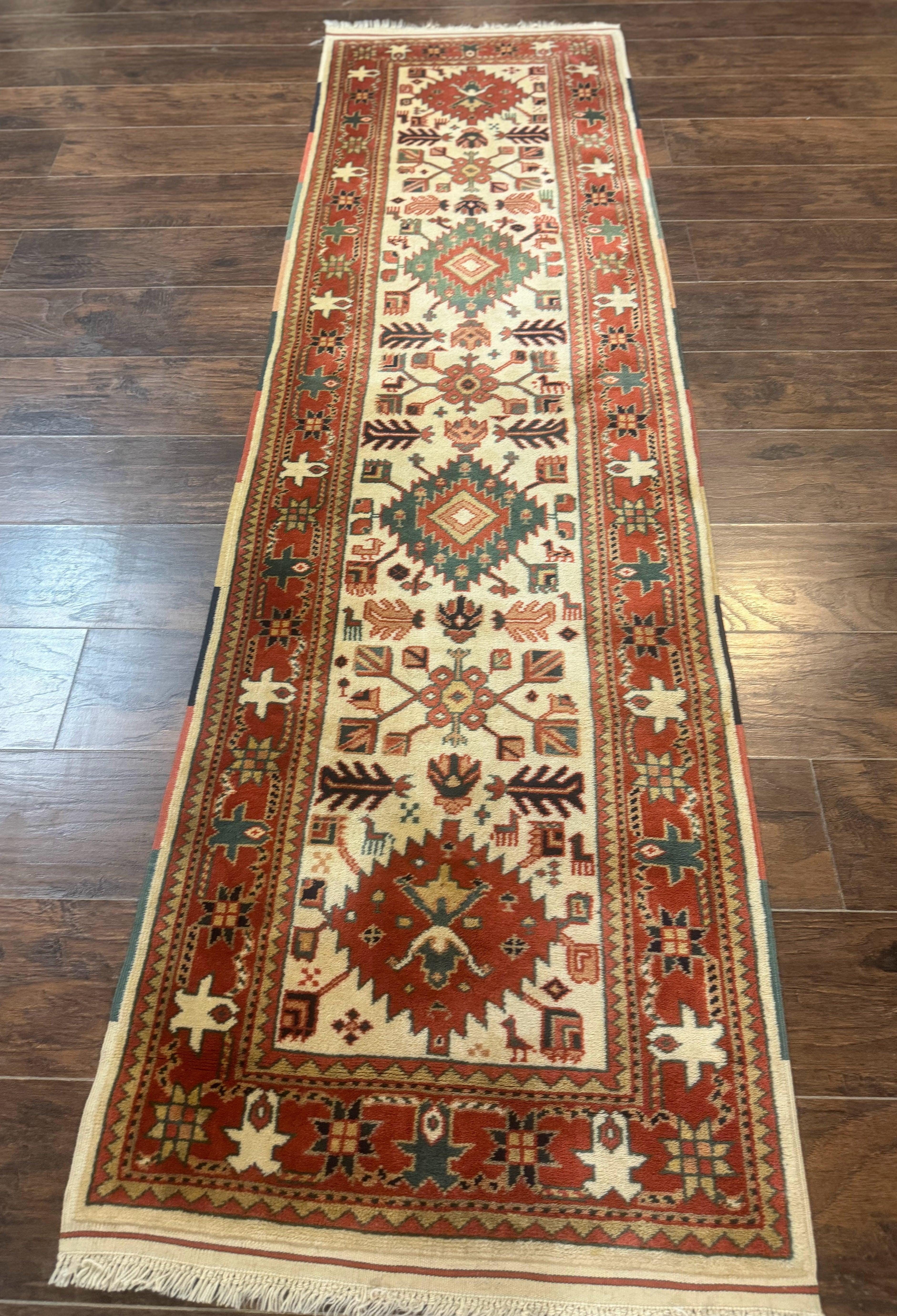 Turkish Runner Rug 2.4 x 8, Kazak Geometric Heriz Pattern, Beige Red - Jewel Rugs