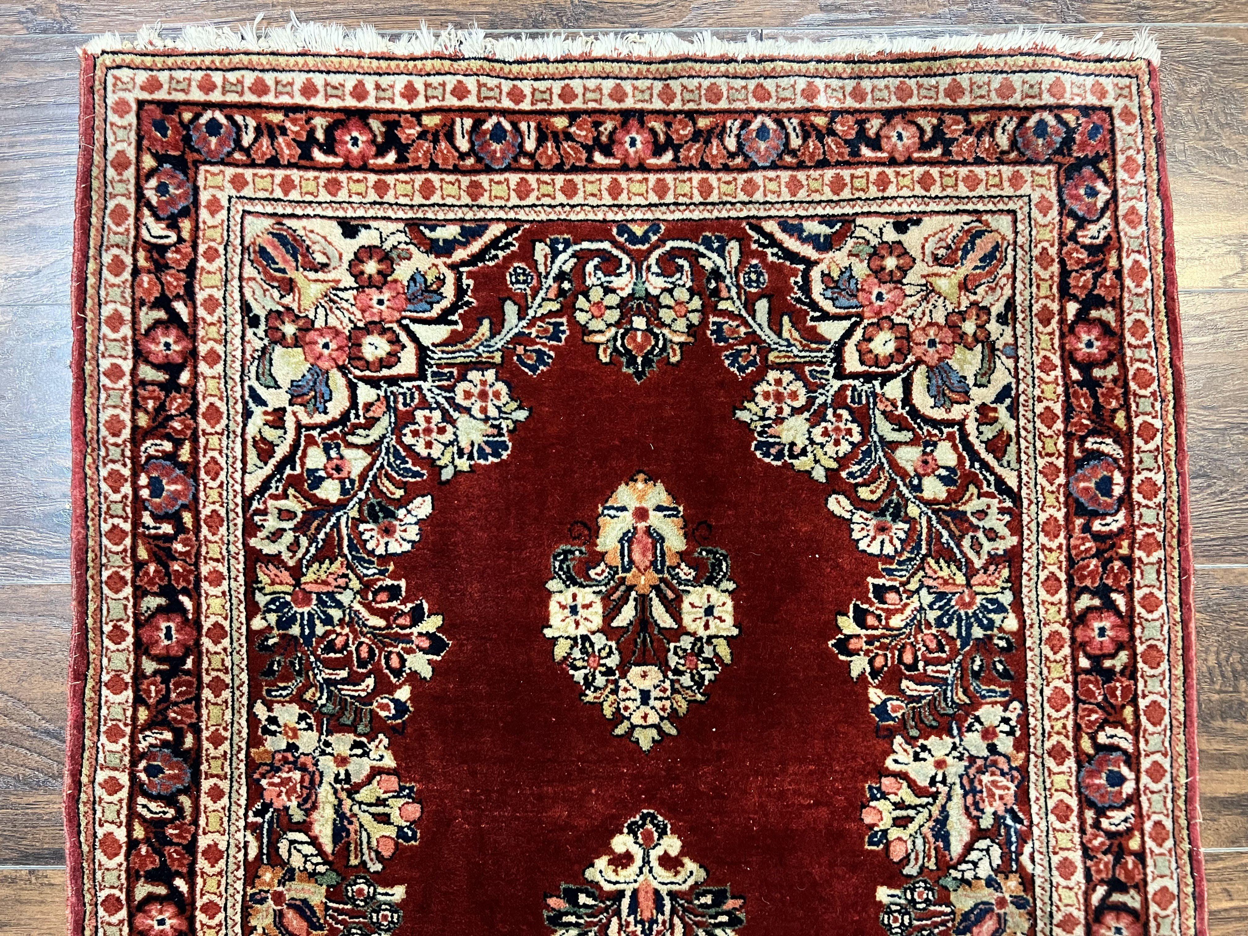 Persian Sarouk Runner Rug 2.7 x 6, Semi Open Field, Red, Handmade Hand Knotted, Wool Oriental Carpet, Vintage Semi Antique - Jewel Rugs