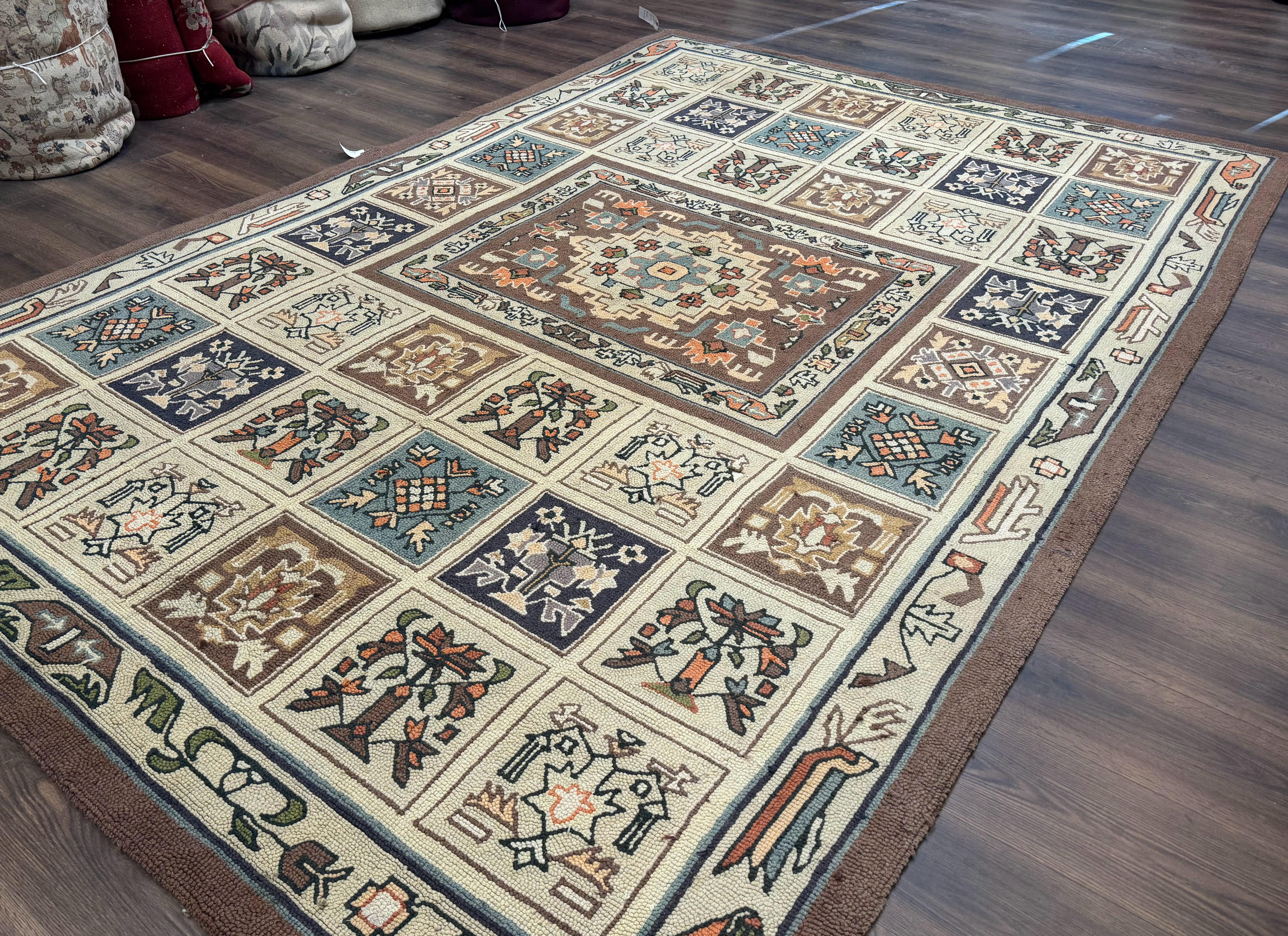 Hooked Rug 8x11, Vintage, American Vintage Hand Hooked Area Rug, Multicolor Panel, Rare - Jewel Rugs