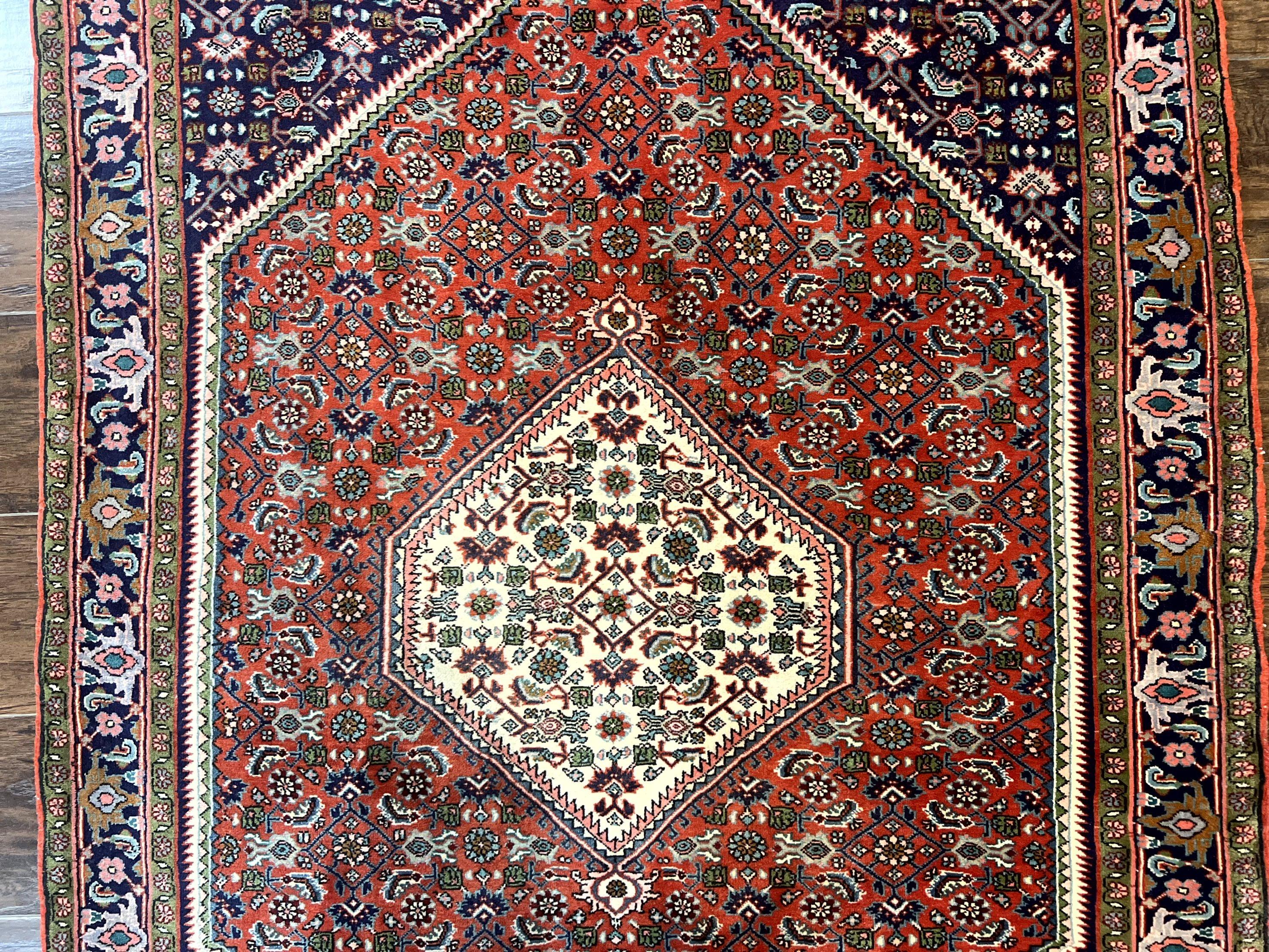 Persian Bidjar Rug 4x5, Finely Hand Knotted Vintage Carpet, Red and Navy Blue, Handmade Wool Rug, 180 KPSI - Jewel Rugs