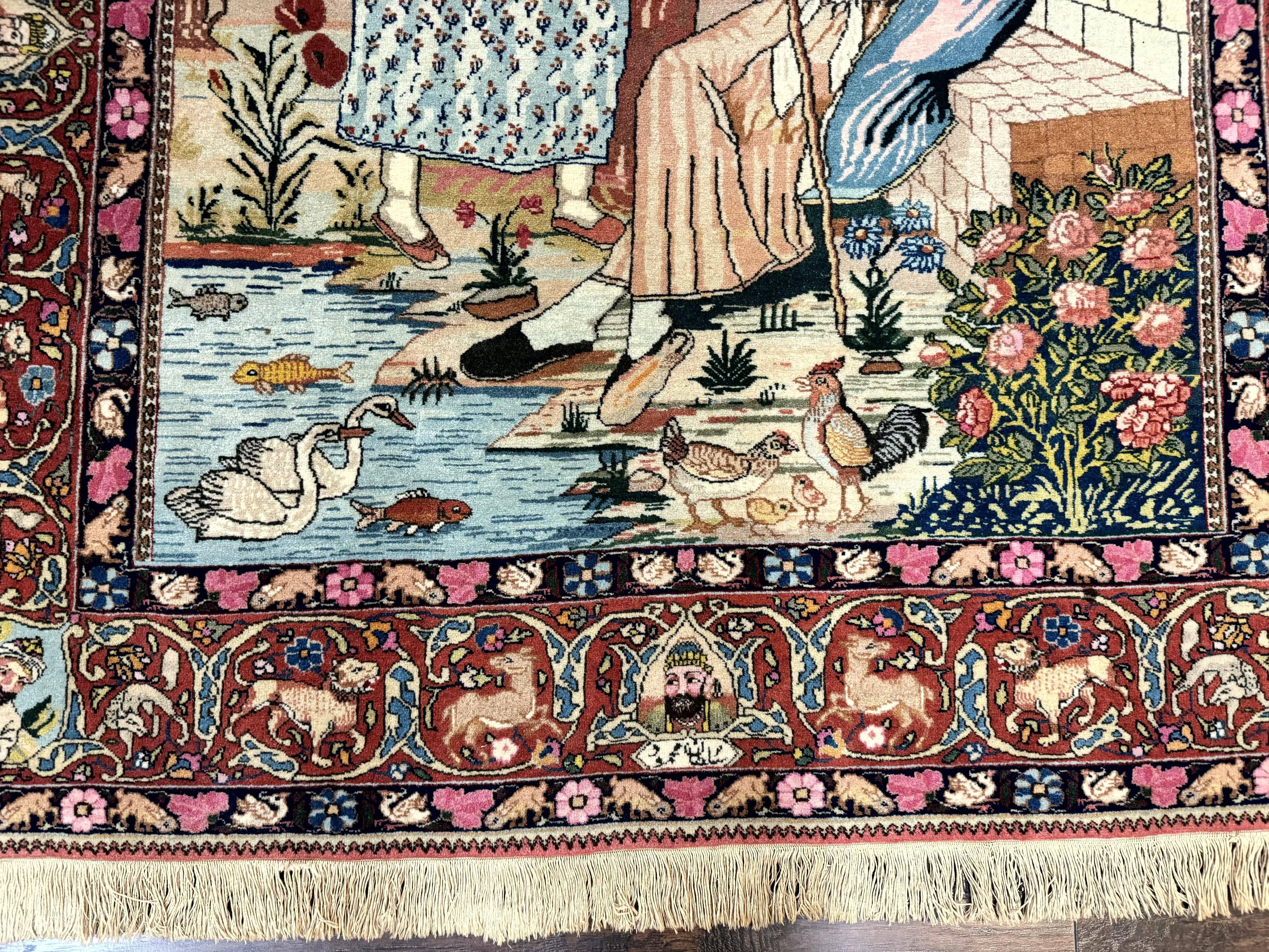 Wonderful Persian Kashan Pictorial Rug 4.7 x 6.5, Persian Rug for Wall Hanging, Handmade Antique Wool Carpet Animal Motifs Poetry Lovers, 240 KPSI - Jewel Rugs