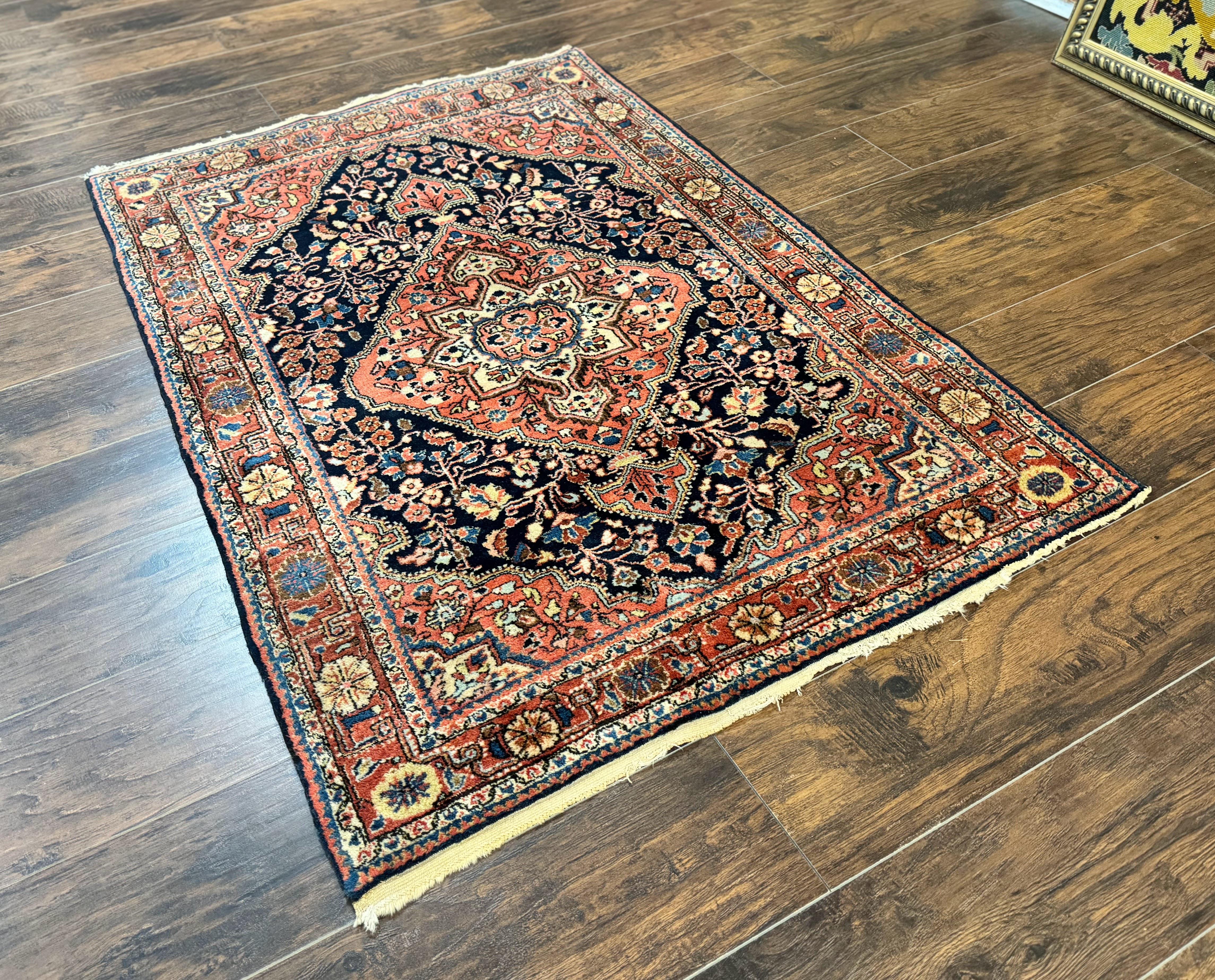 Persian Sarouk Rug 3.6 x 5, Medallion Rug, Red and Midnight Blue, Handmade Semi Antique Vintage Wool Carpet - Jewel Rugs