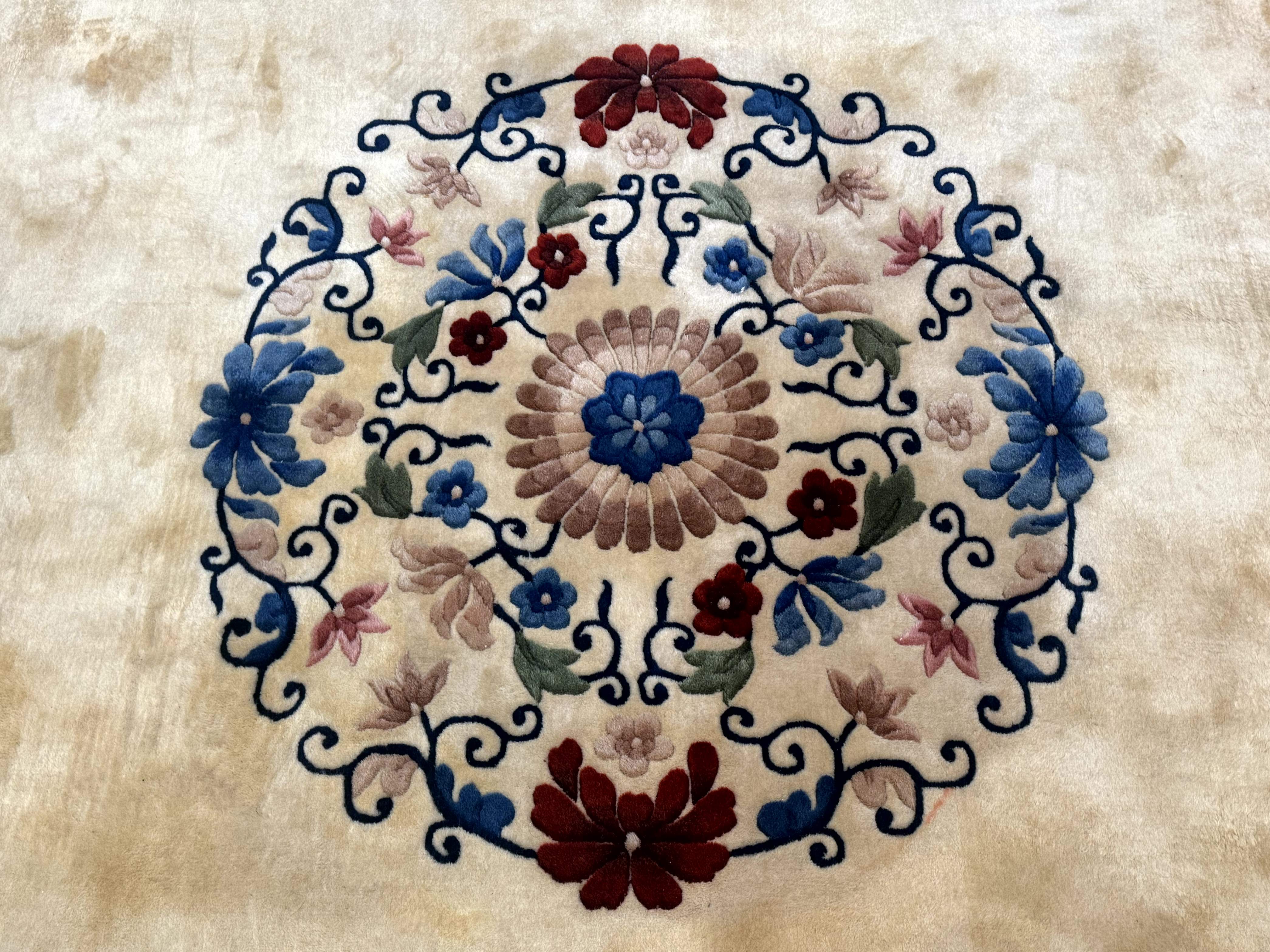 Chinese Rug 10x14 – Cream and Navy, 90 Line Vintage Wool Carpet - Jewel Rugs